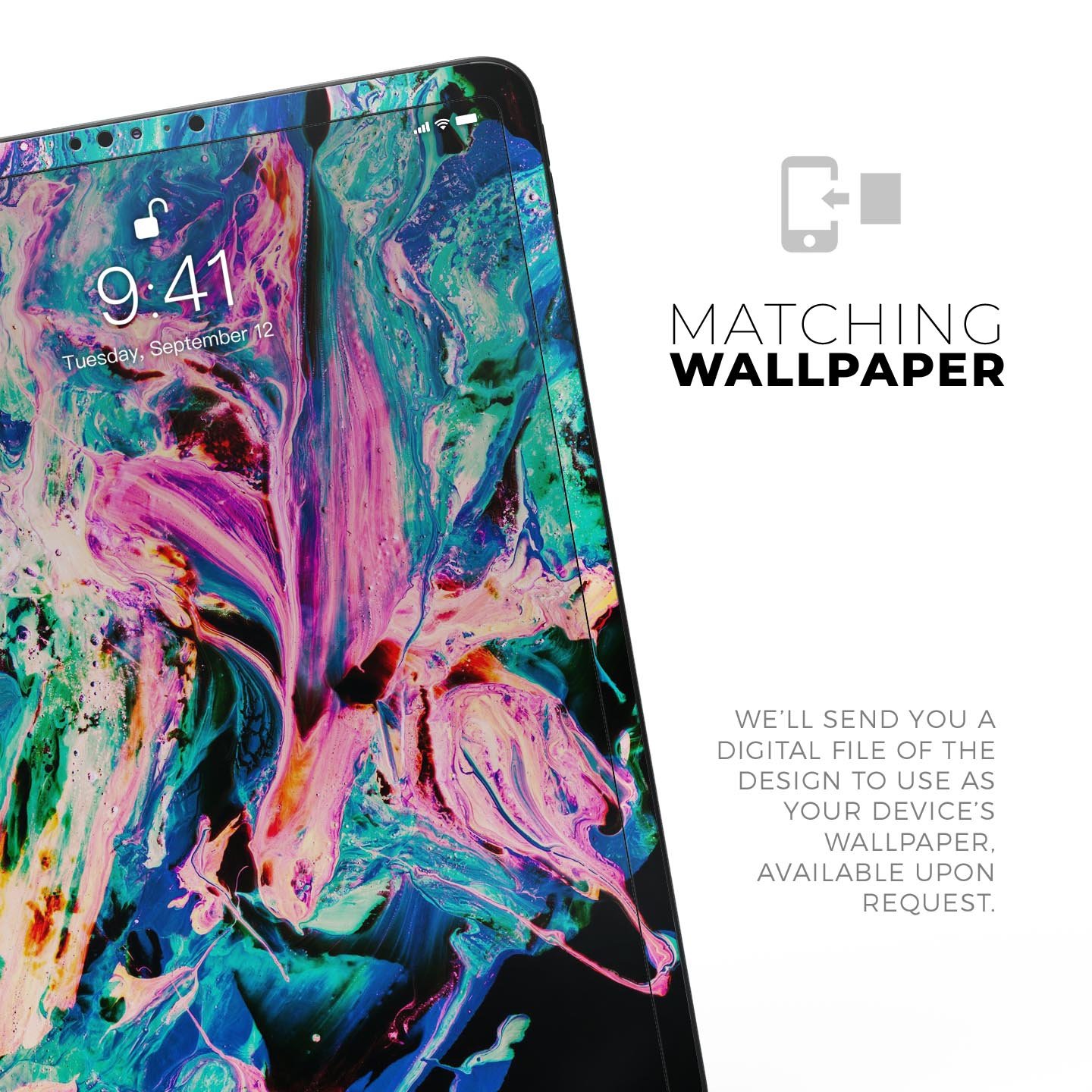 Liquid Abstract Paint V20 skin decal for Apple iPad, showcasing vibrant colors and premium 3M material for protection.