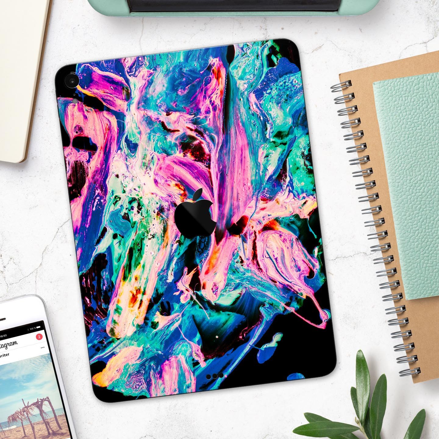 Liquid Abstract Paint V20 skin decal for Apple iPad, showcasing vibrant colors and premium 3M material for protection.