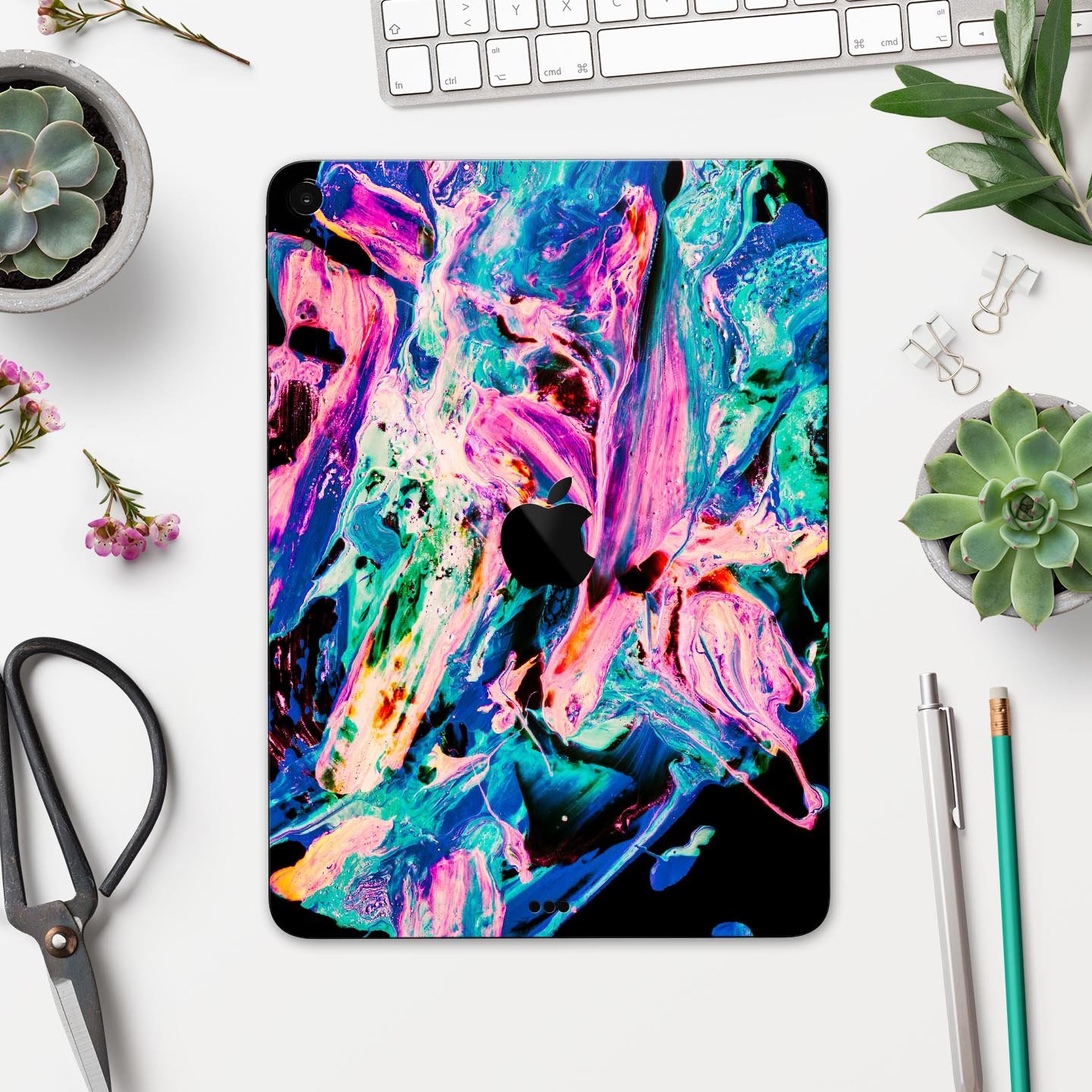 Liquid Abstract Paint V20 skin decal for Apple iPad, showcasing vibrant colors and premium 3M material for protection.