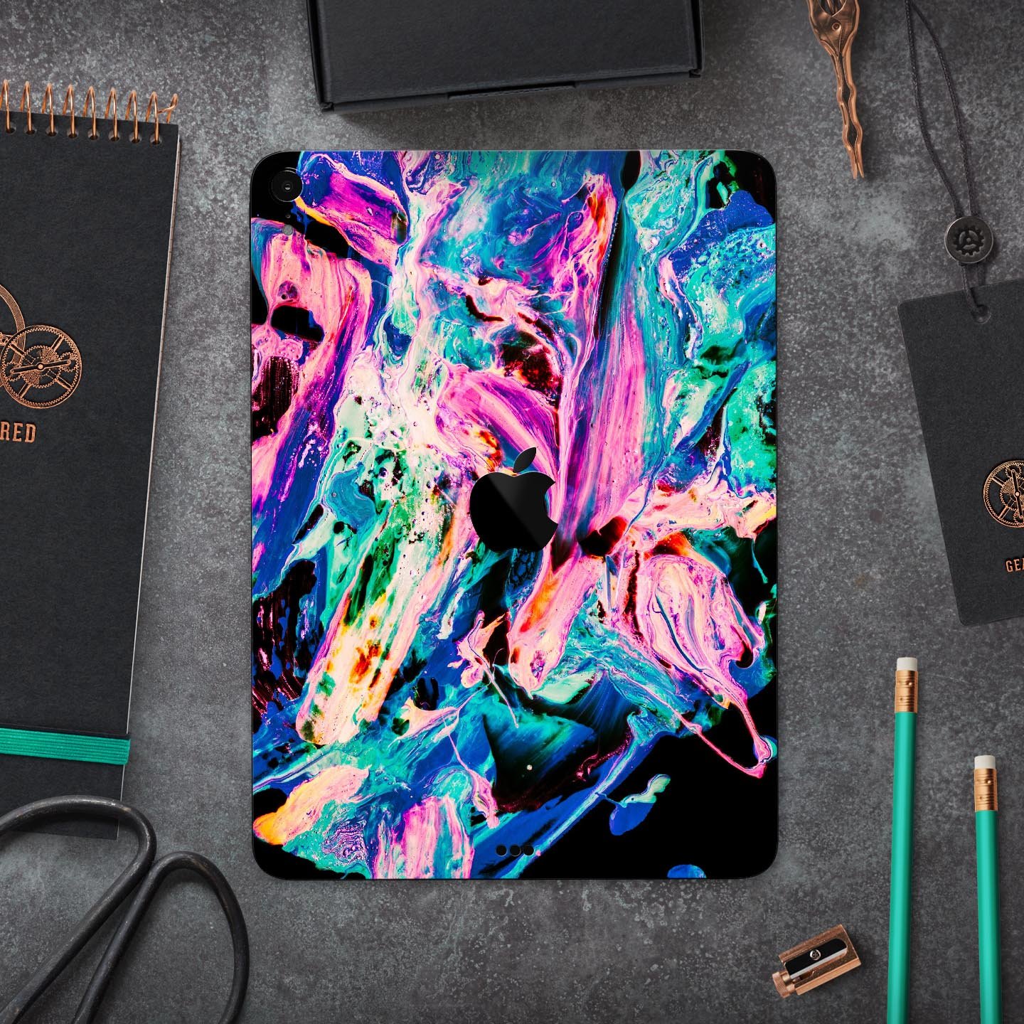 Liquid Abstract Paint V20 skin decal for Apple iPad, showcasing vibrant colors and premium 3M material for protection.