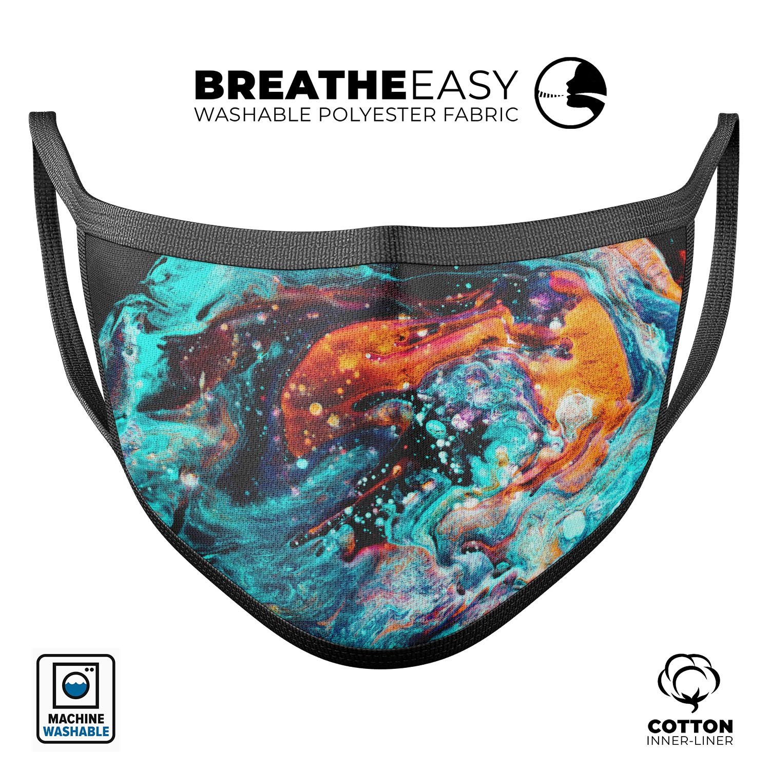 Liquid Abstract Paint V21 mouth cover, featuring a vibrant abstract design, made from soft cotton and memory foam for comfort.