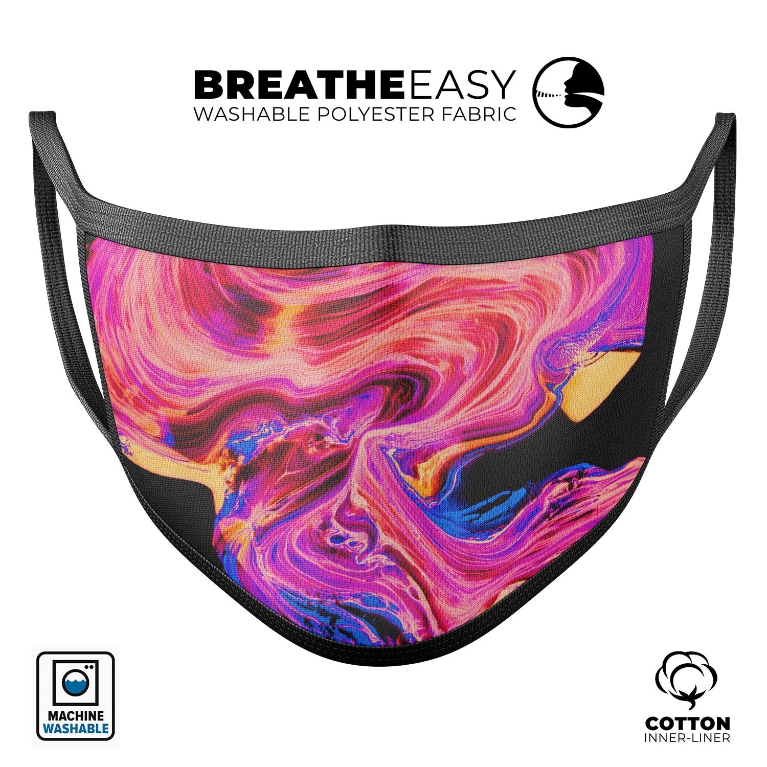 Liquid Abstract Paint V24 face mask featuring vibrant colors and a comfortable design, made in the USA.