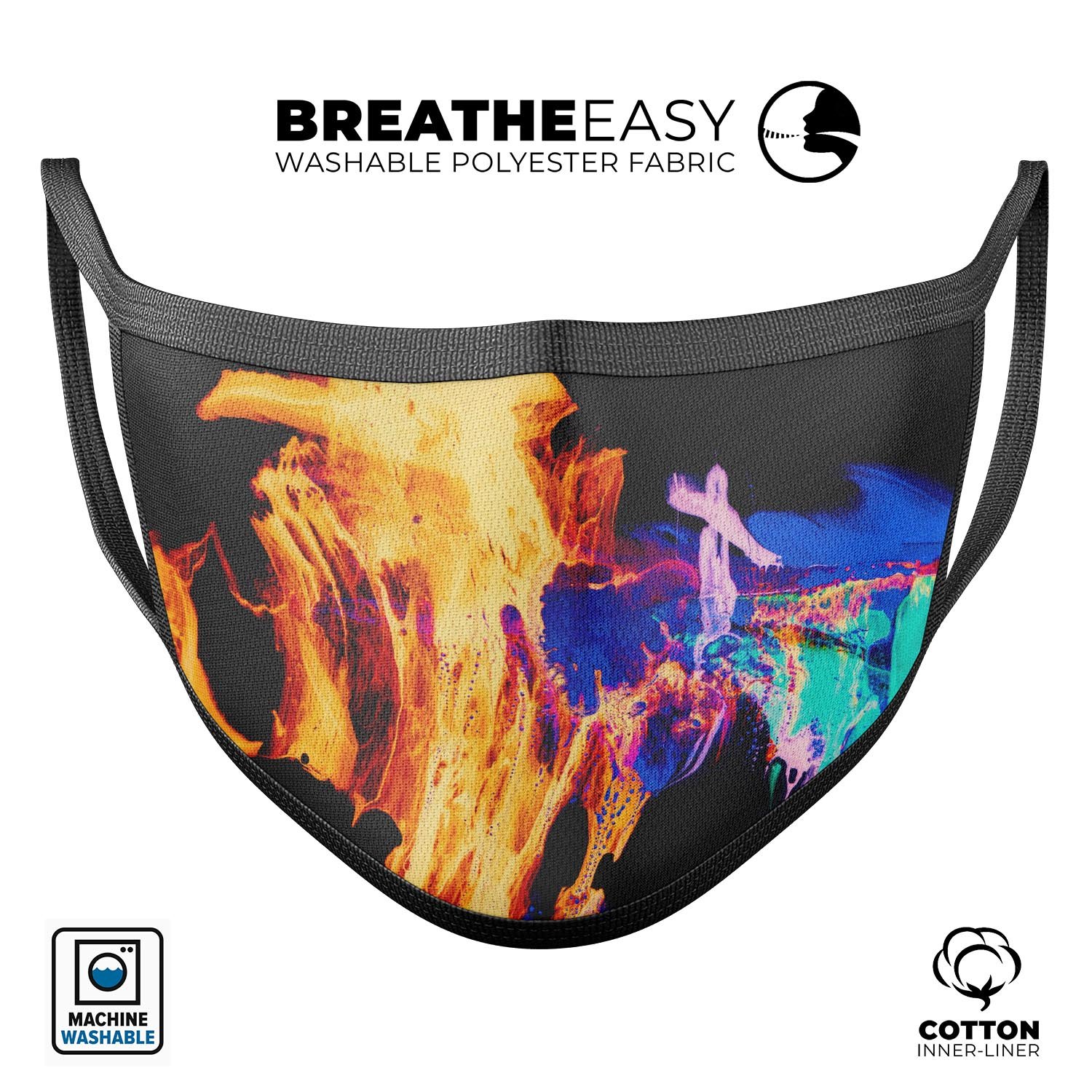 Liquid Abstract Paint V26 mouth cover, a colorful and stylish reusable face mask made in the USA, featuring adjustable ear loops for a perfect fit.