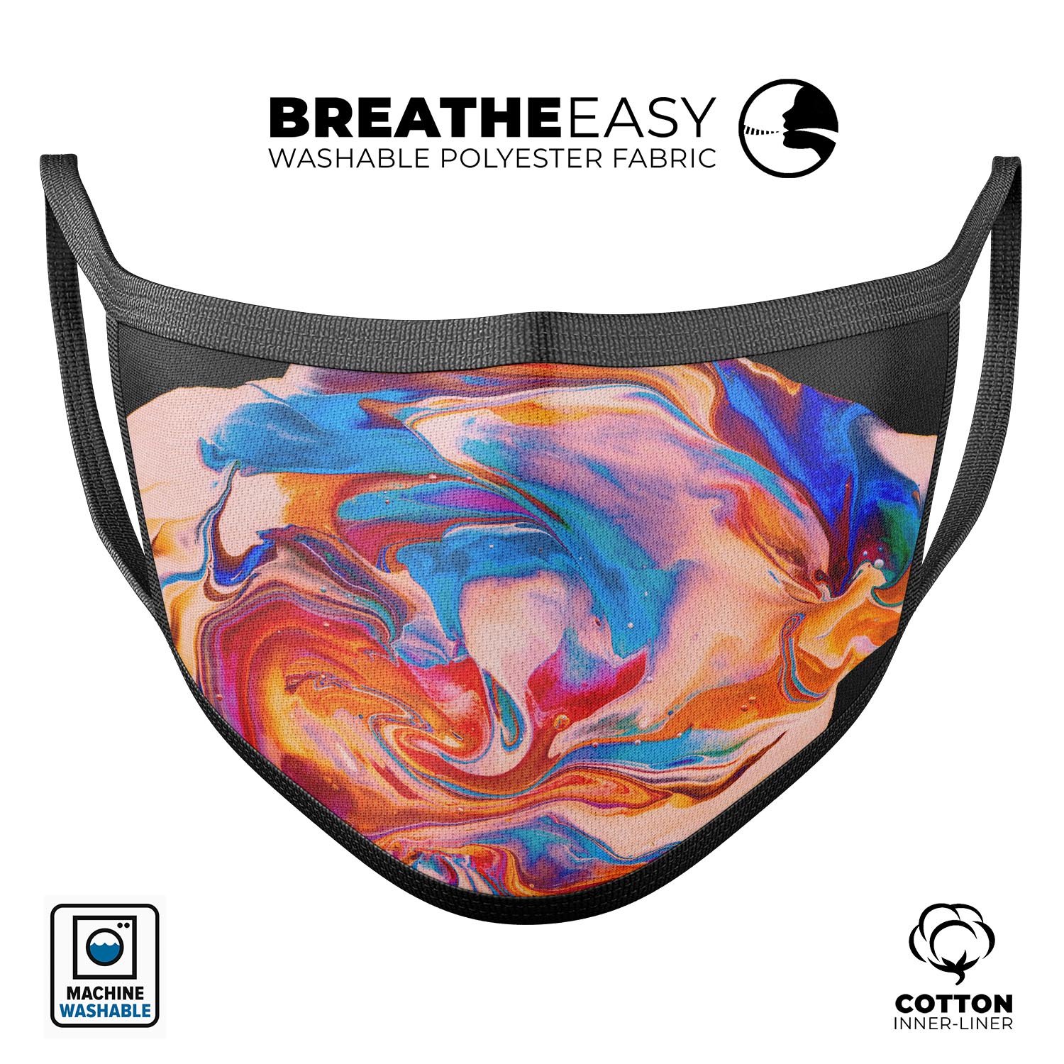 Liquid Abstract Paint V28 mouth cover, a stylish unisex anti-dust mask made in the USA, featuring vibrant colors and adjustable ear loops.