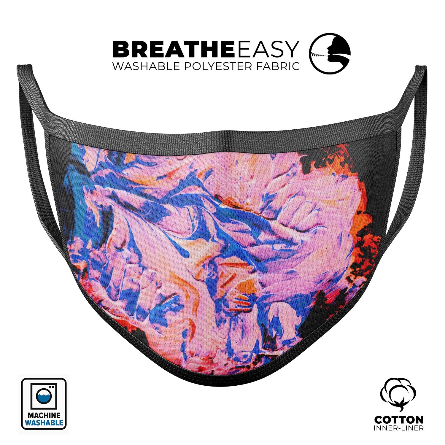 Liquid Abstract Paint V3 mouth cover, unisex anti-dust mask made in the USA, featuring adjustable ear loops and vibrant design.