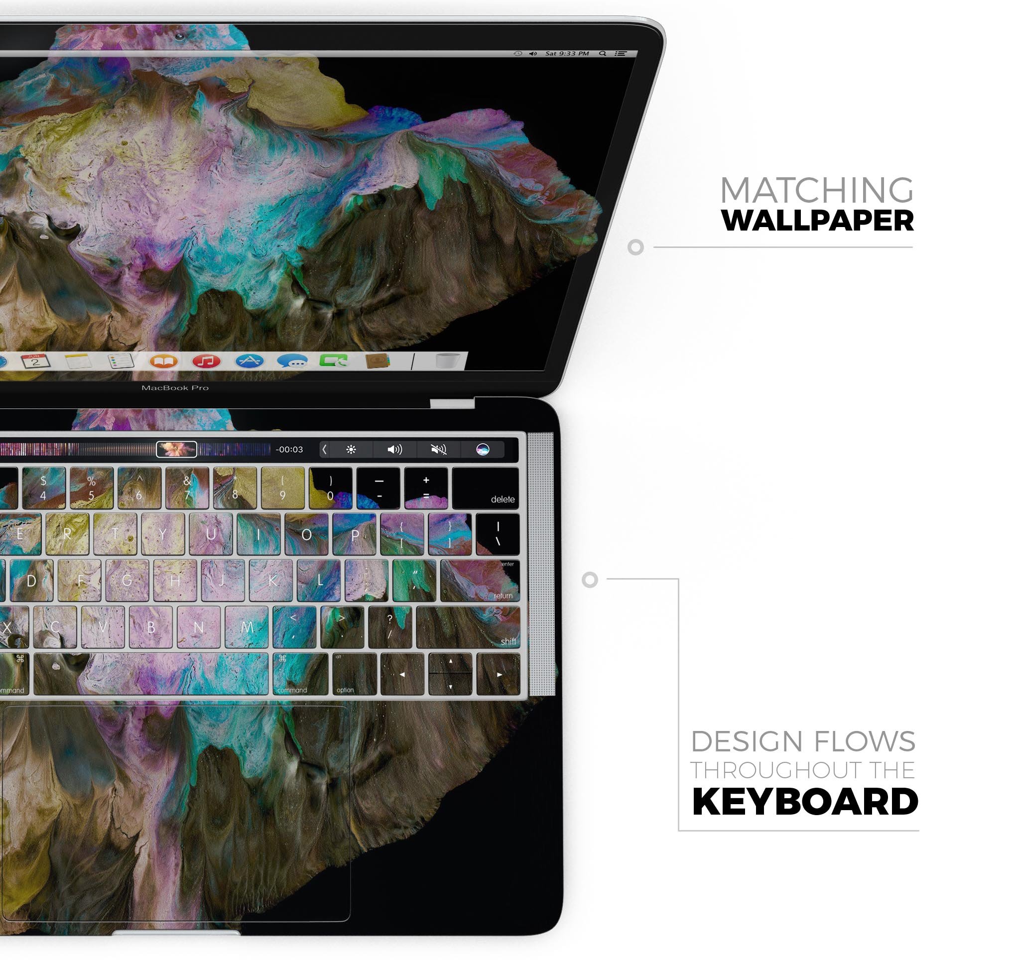 Liquid Abstract Paint V36 skin decal wrap kit for Apple MacBook, showcasing vibrant colors and a sleek design.