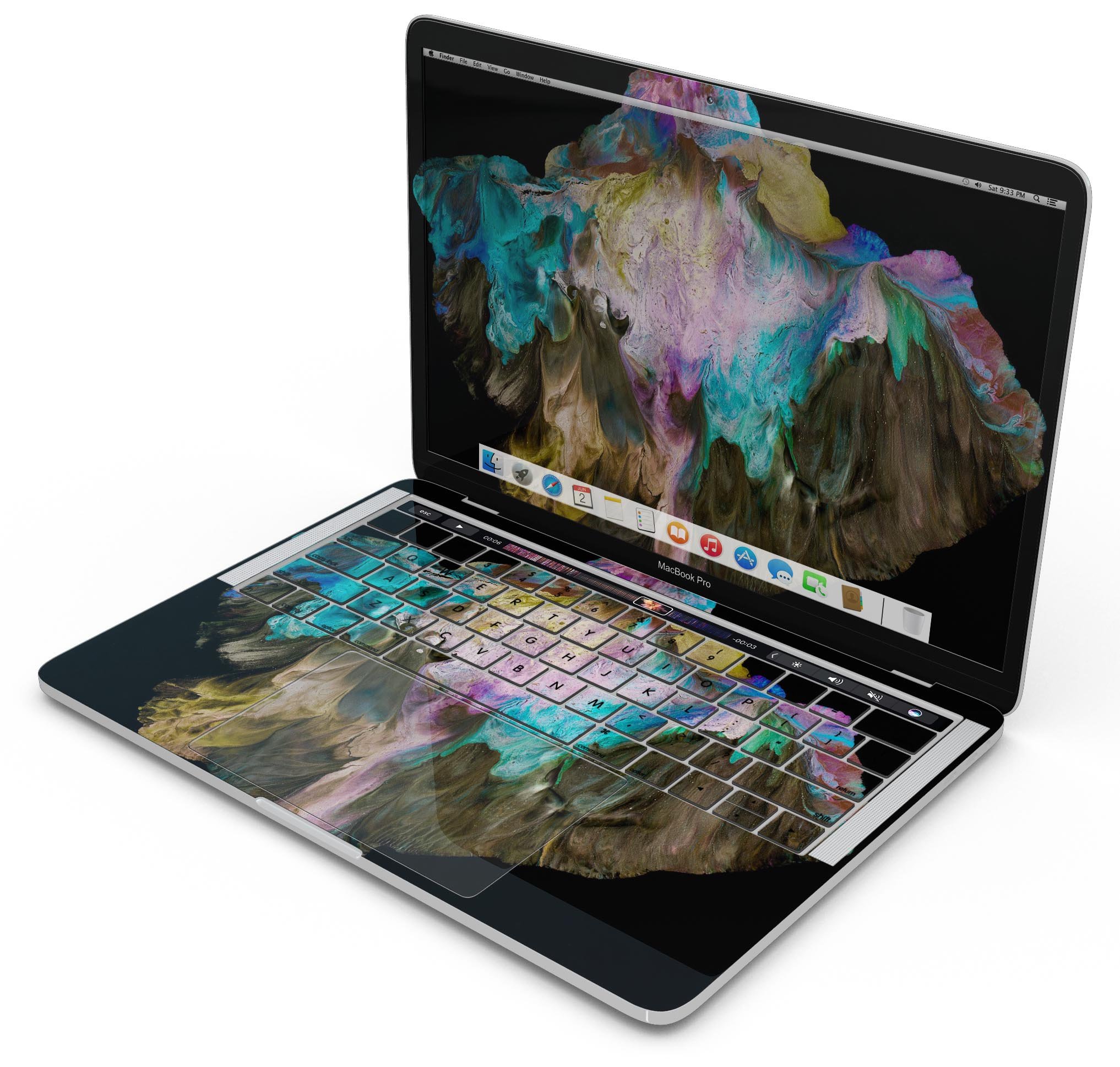 Liquid Abstract Paint V36 skin decal wrap kit for Apple MacBook, showcasing vibrant colors and a sleek design.