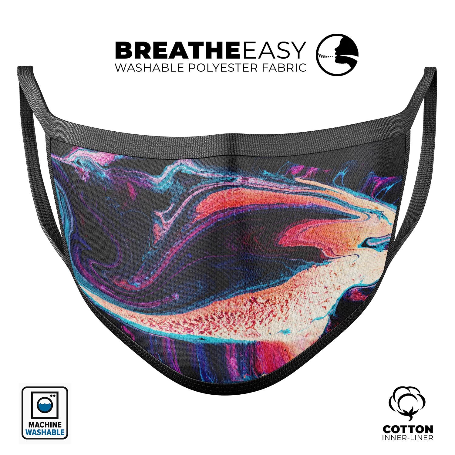 Liquid Abstract Paint V38 mouth cover, a stylish and comfortable unisex anti-dust mask made in the USA, featuring adjustable ear loops.