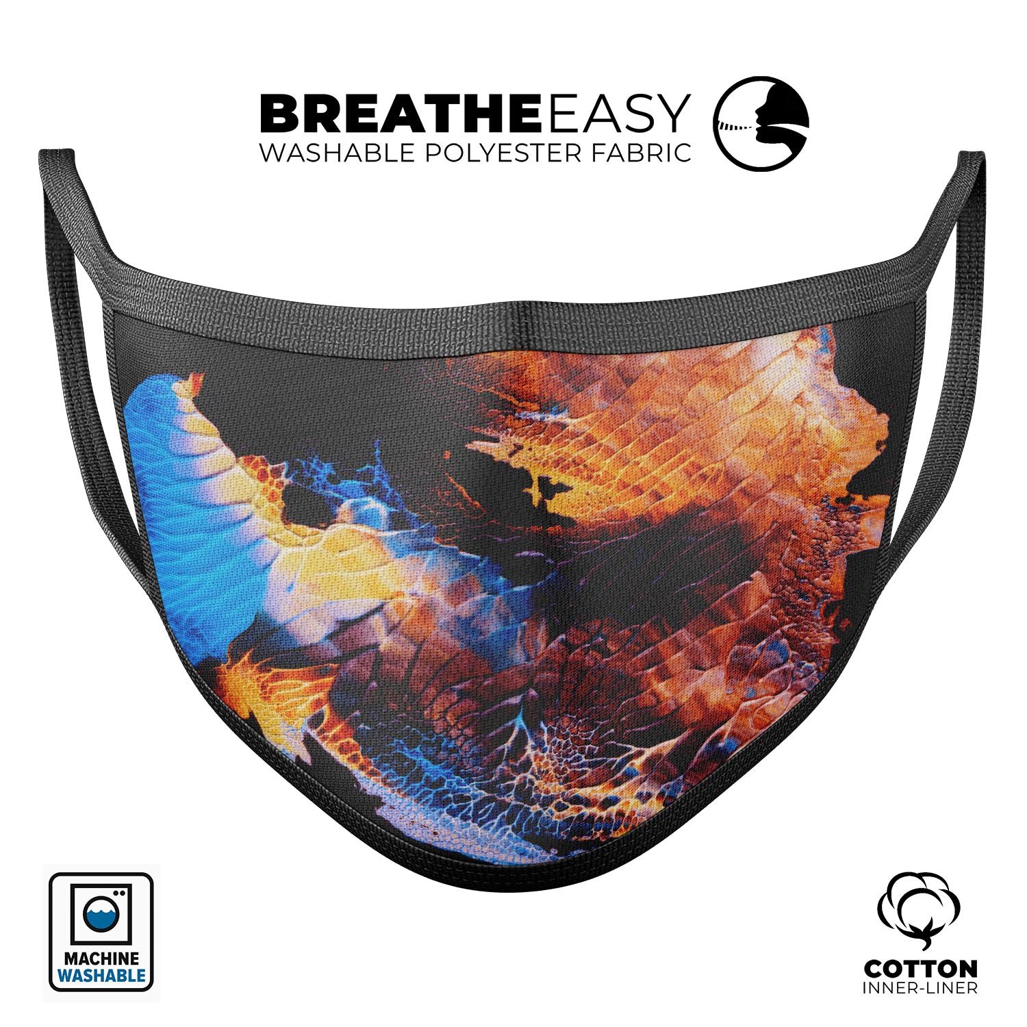 Liquid Abstract Paint V40 mouth cover, a stylish and comfortable unisex anti-dust mask made in the USA, featuring adjustable ear loops and vibrant design.