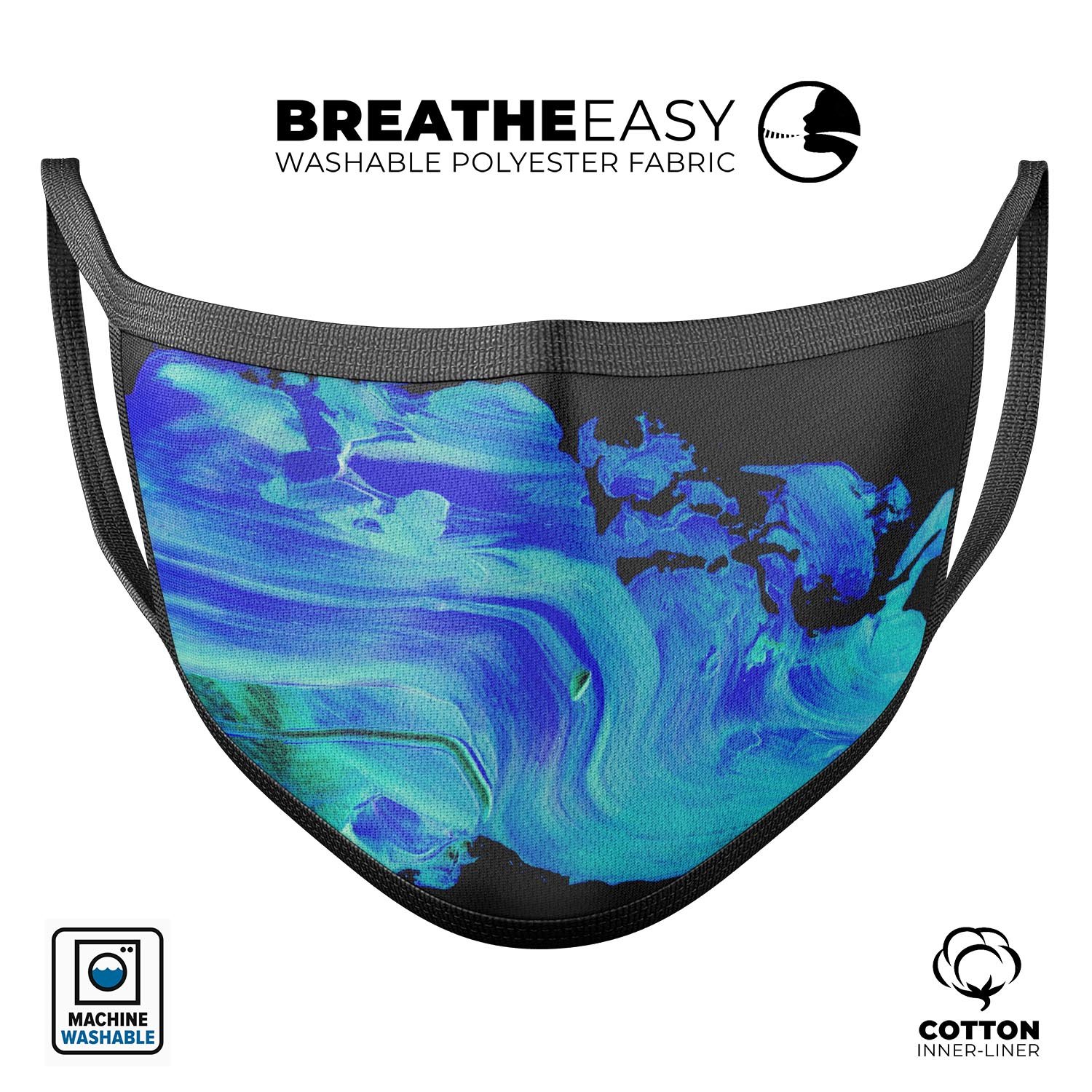 Liquid Abstract Paint V46 mouth cover, featuring a vibrant abstract design, made of soft cotton and adjustable ear loops for a comfortable fit.