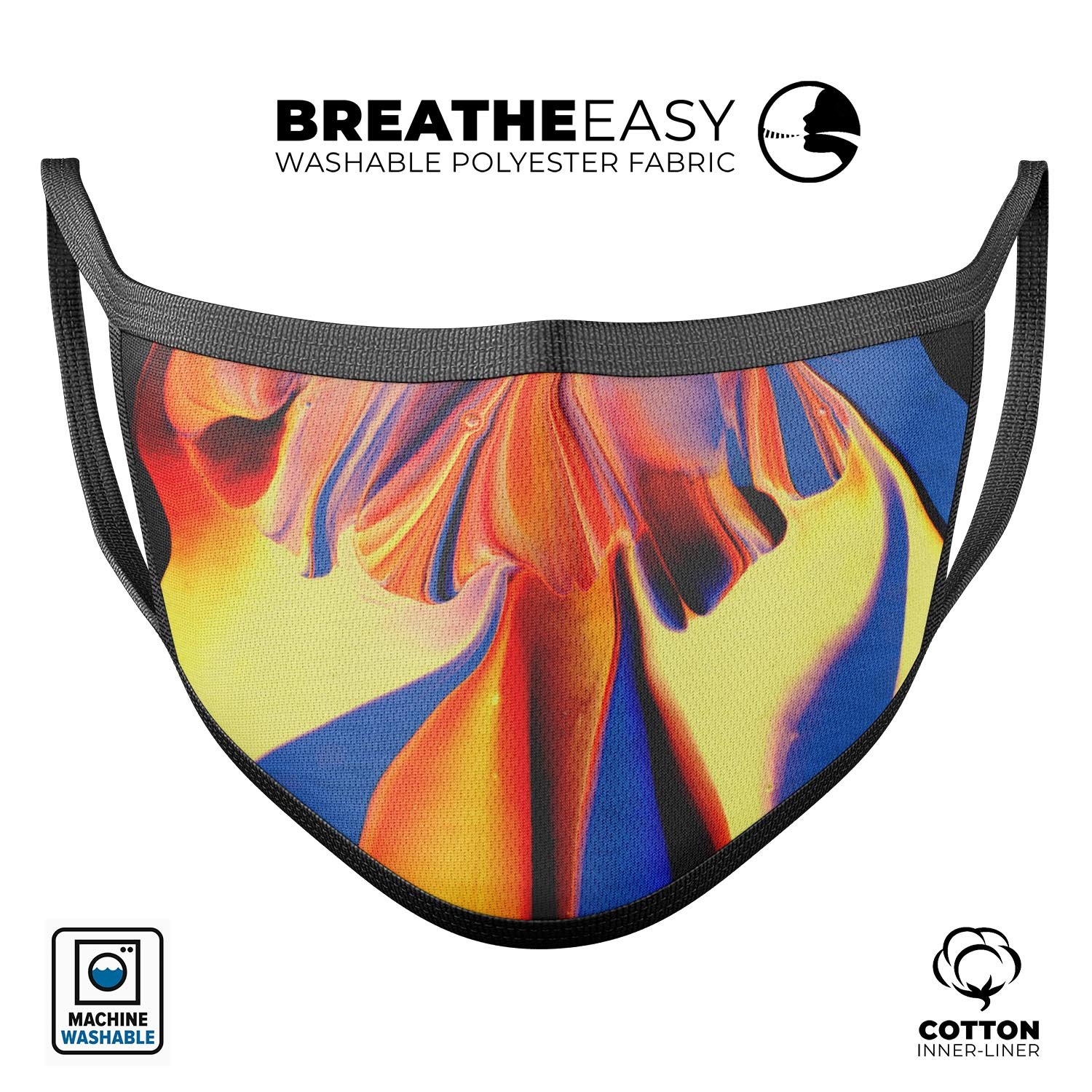 Liquid Abstract Paint V48 mouth cover, a colorful and stylish 3D face mask made in the USA, featuring adjustable ear loops for a perfect fit.