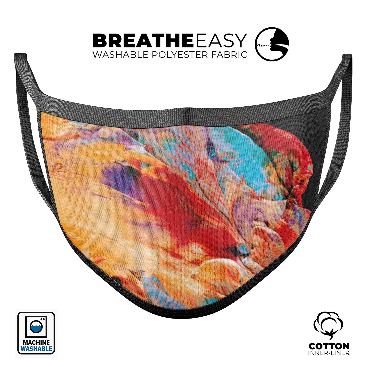 Liquid Abstract Paint V50 face mask, featuring a colorful abstract design, adjustable ear loops, and made from soft cotton material.