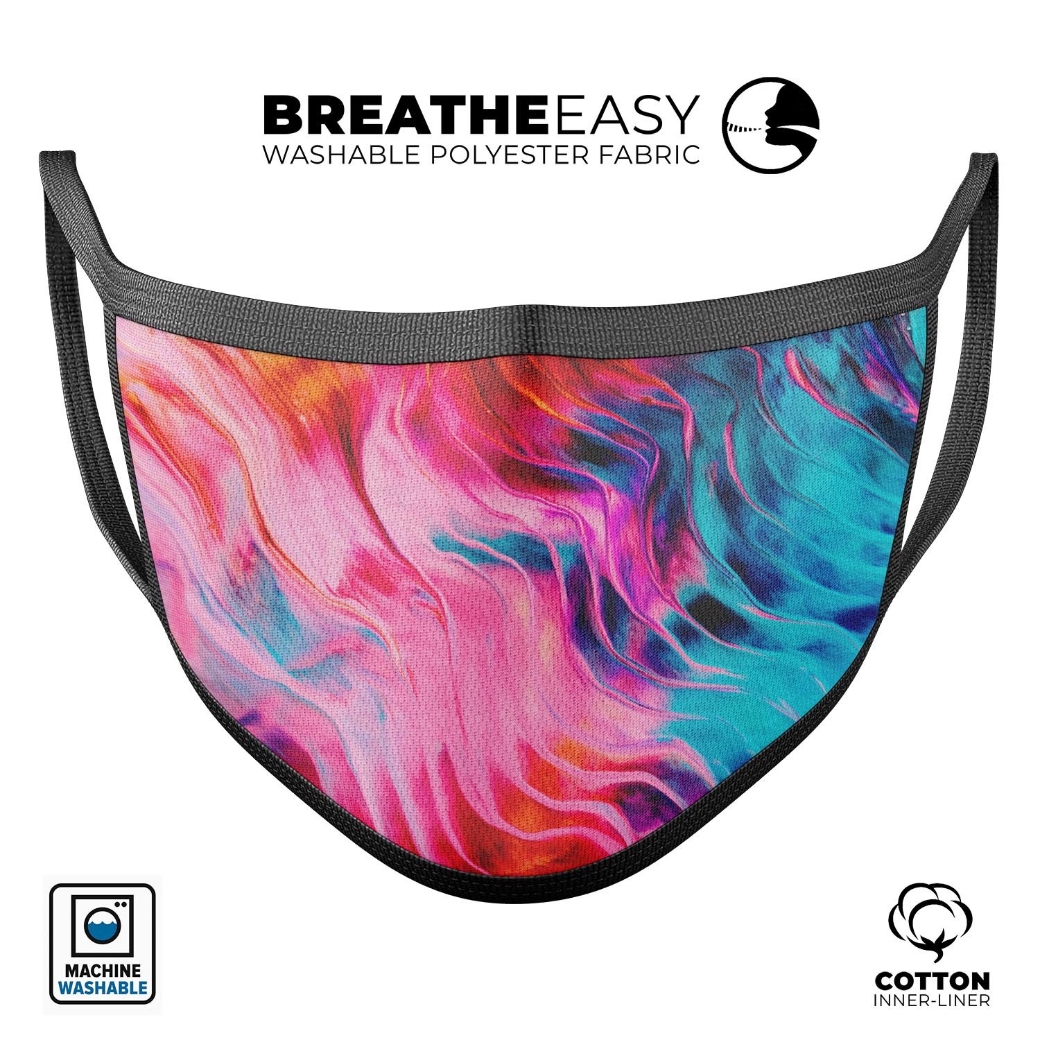 Liquid Abstract Paint V66 face mask, featuring vibrant colors and a comfortable design, made in the USA.