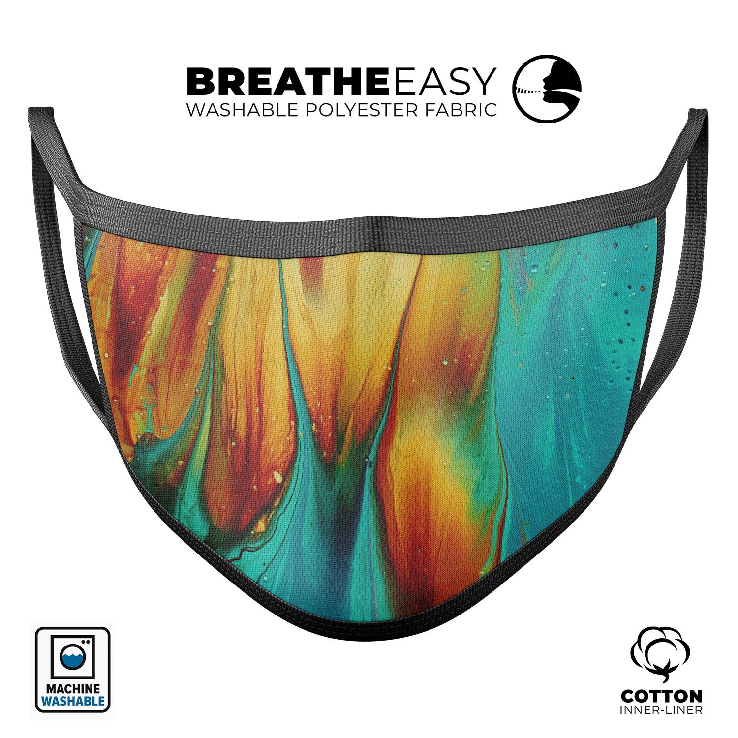 Liquid Abstract Paint V60 face mask featuring vibrant colors and adjustable ear loops, made from 100% cotton for comfort.