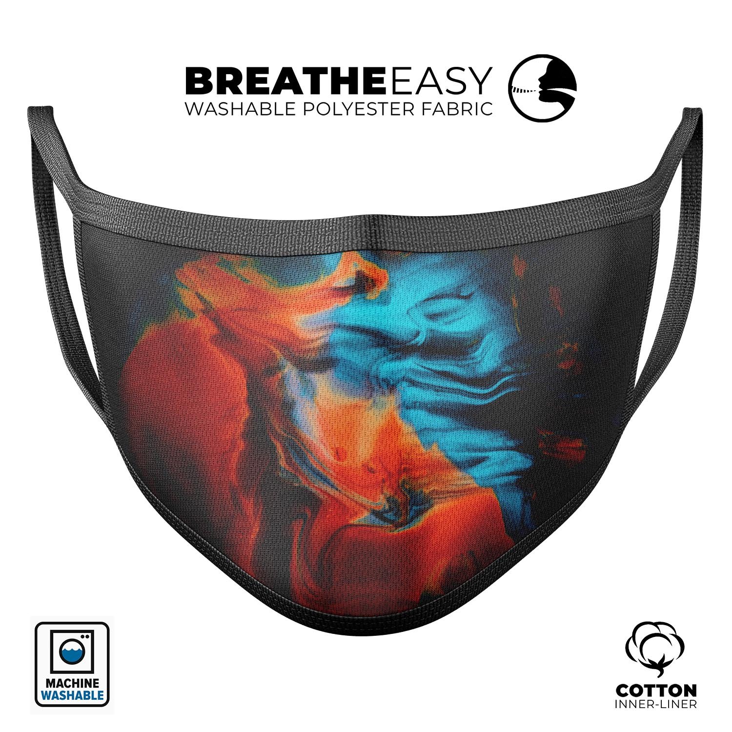 Liquid Abstract Paint V64 mouth cover, a stylish unisex anti-dust mask made in the USA, featuring adjustable ear loops and a colorful design.