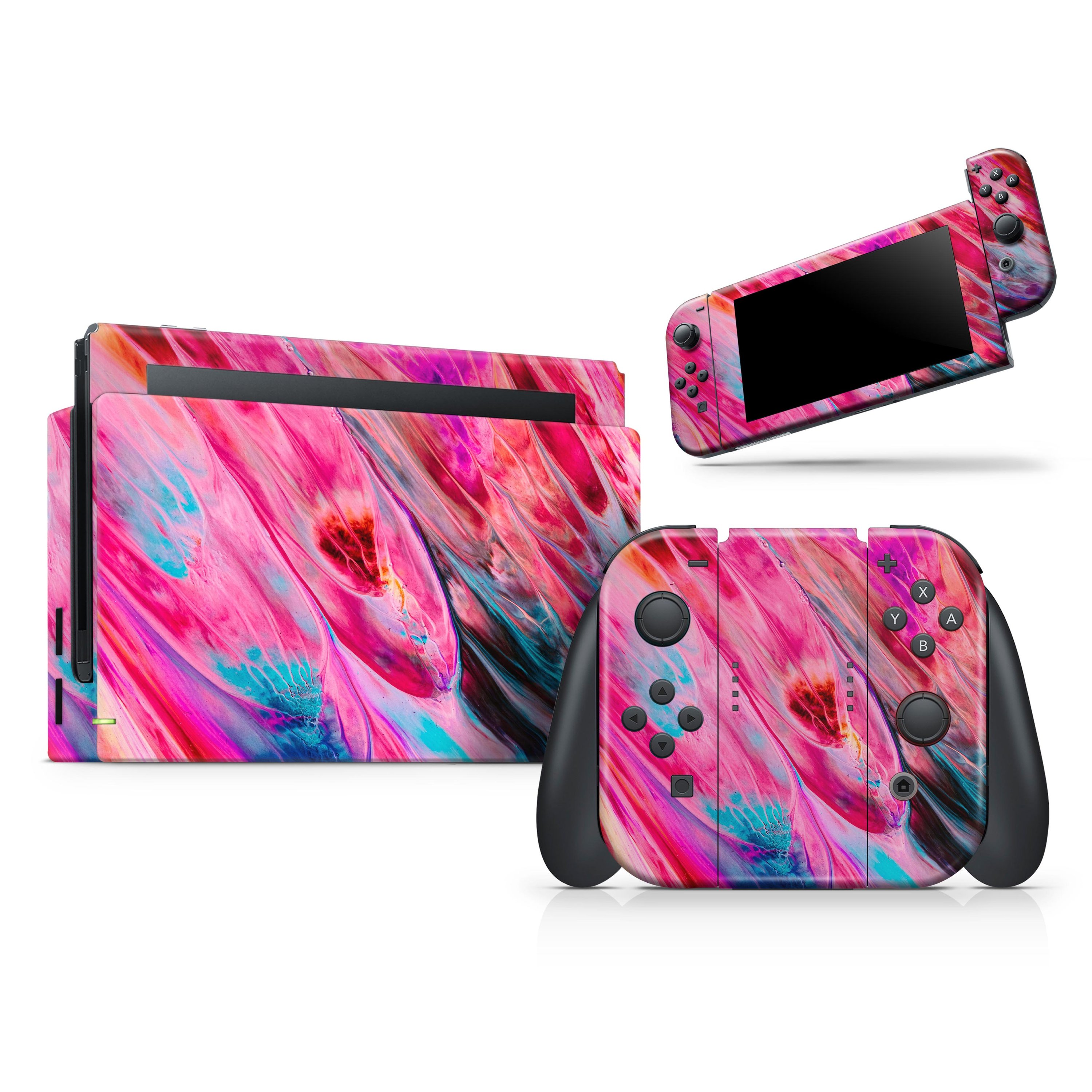 Liquid Abstract Paint V67 skin decal wrap kit for Nintendo Switch, showcasing vibrant abstract design and soft-touch matte finish.