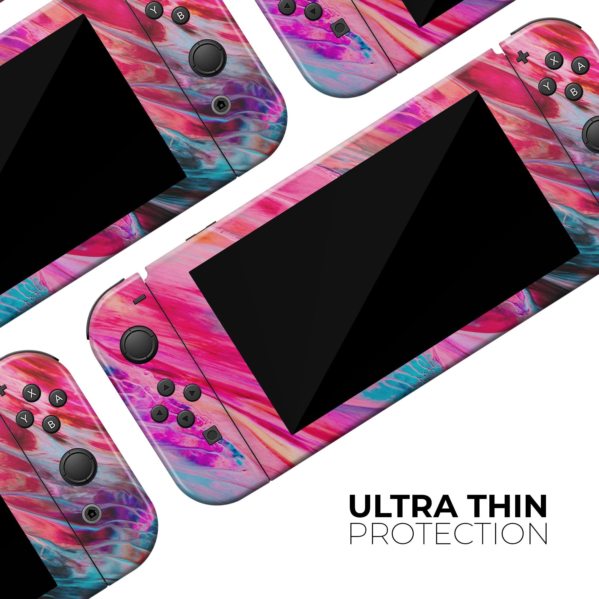 Liquid Abstract Paint V67 skin decal wrap kit for Nintendo Switch, showcasing vibrant abstract design and soft-touch matte finish.