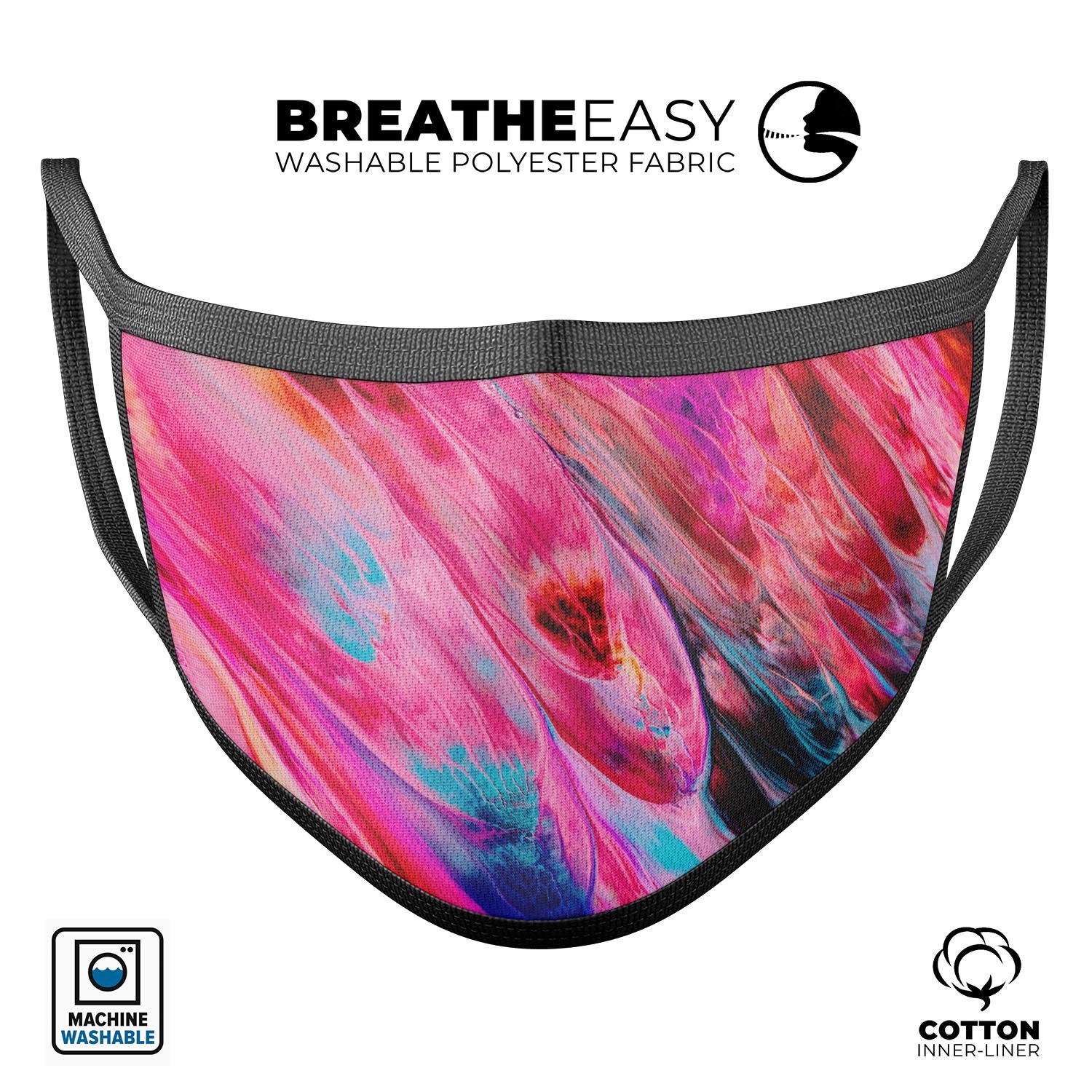 Liquid Abstract Paint V67 face mask featuring vibrant colors and adjustable ear loops, made from 100% cotton for comfort.