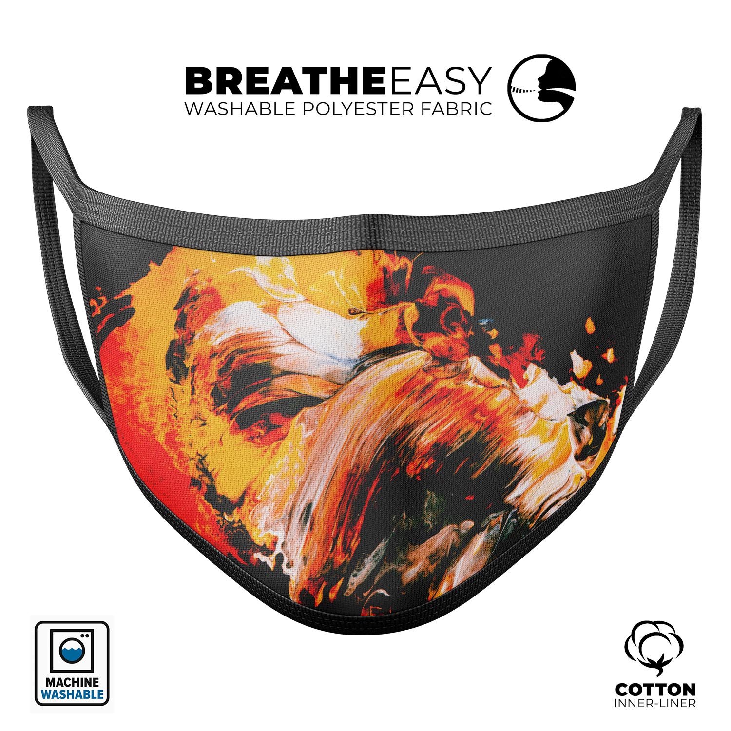 Liquid Abstract Paint V69 mouth cover, a colorful and stylish anti-dust mask made in the USA, featuring adjustable ear loops and a comfortable cotton interior.