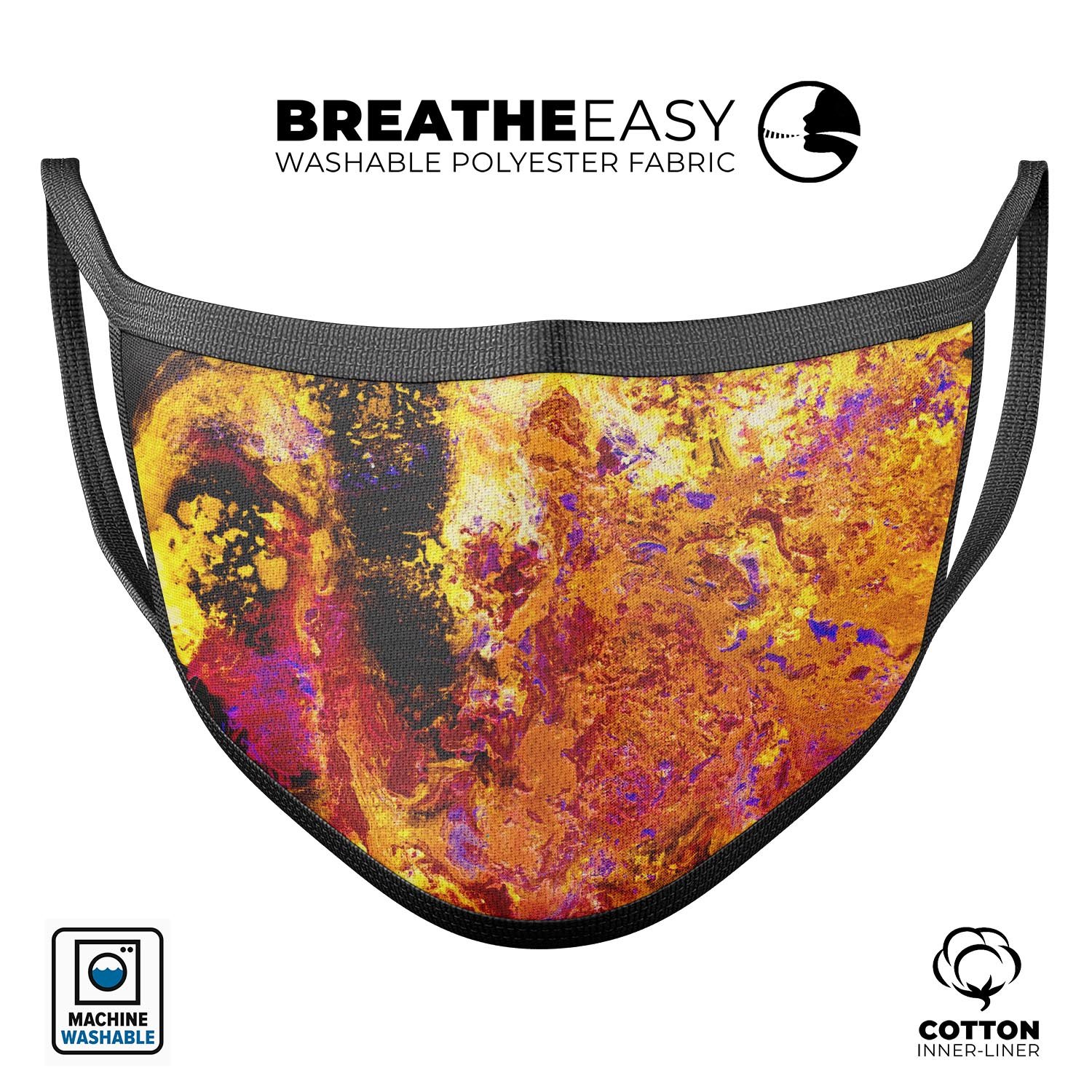 Liquid Abstract Paint V7 face mask featuring a colorful abstract design, made from soft cotton and adjustable ear loops for a comfortable fit.