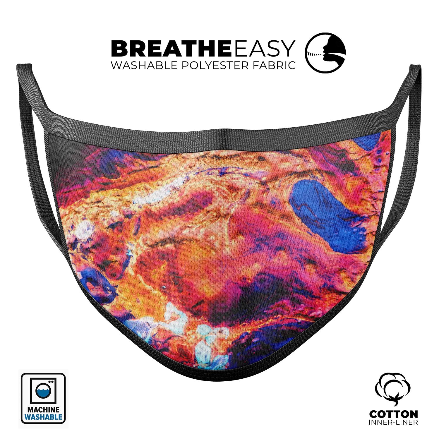 Liquid Abstract Paint V72 mouth cover, a stylish and comfortable anti-dust mask made in the USA, featuring adjustable ear loops and vibrant design.