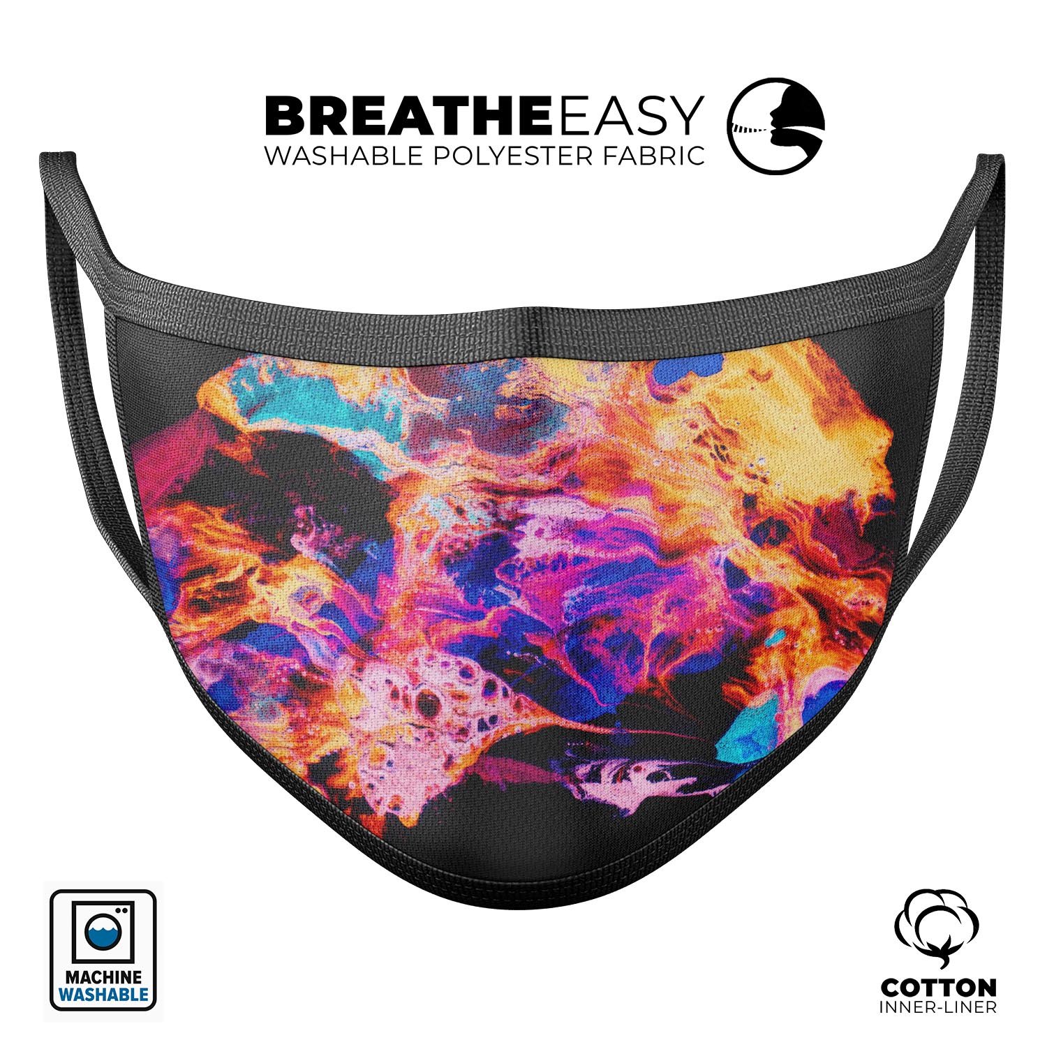 Liquid Abstract Paint V74 mouth cover, a stylish and comfortable anti-dust mask made in the USA, featuring adjustable ear loops and a vibrant design.