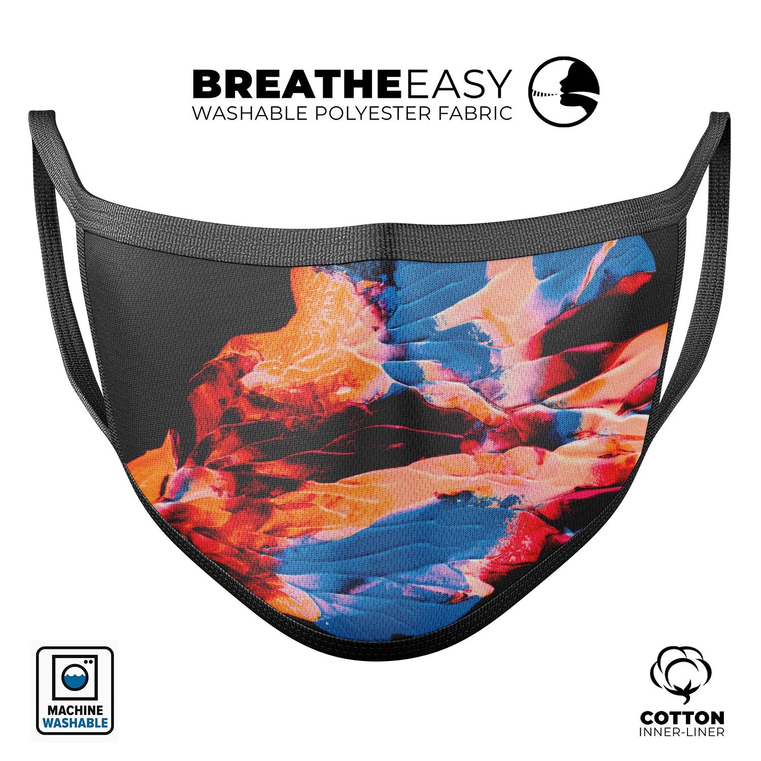 Liquid Abstract Paint V8 mouth cover, a stylish unisex anti-dust mask made in the USA, featuring adjustable ear loops and a comfortable cotton interior.