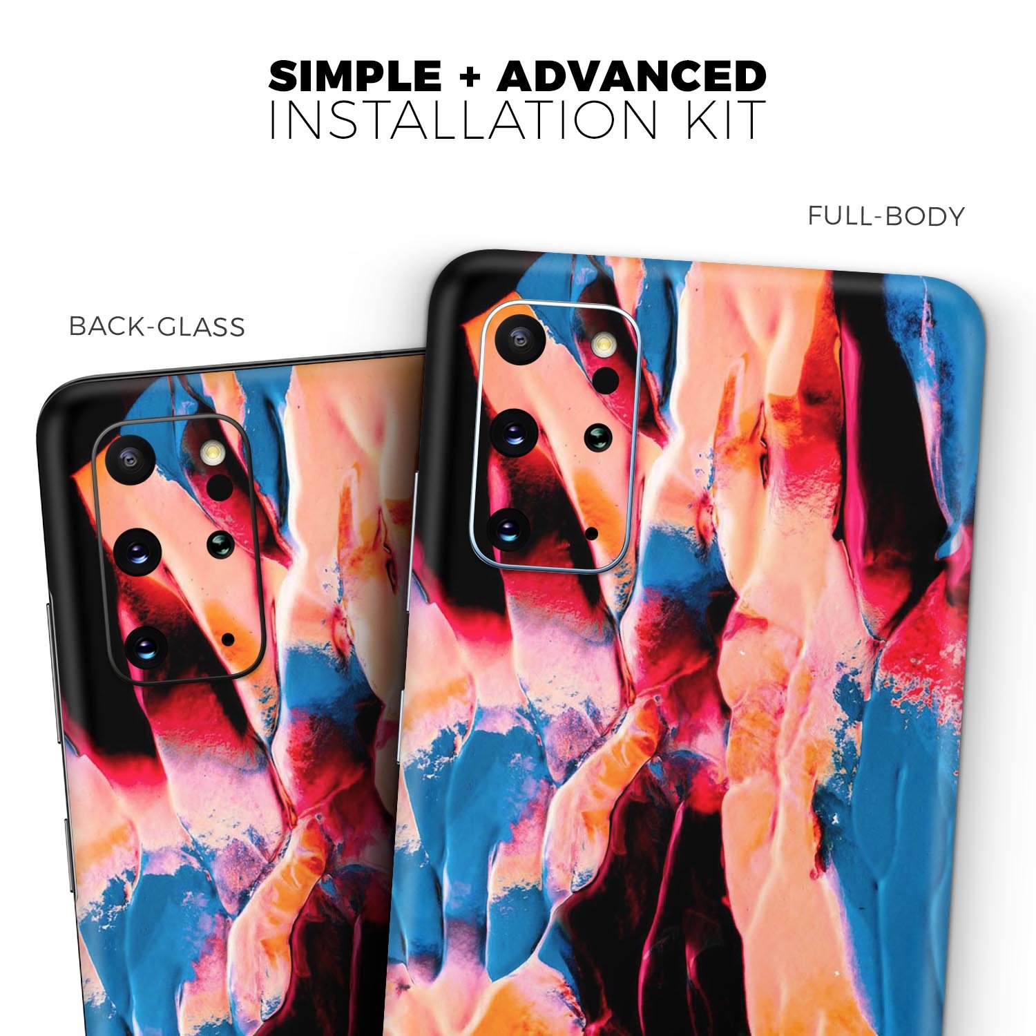 Liquid Abstract Paint V8 Skin-Kit for Samsung Galaxy S-Series, showcasing vibrant design and premium vinyl material.