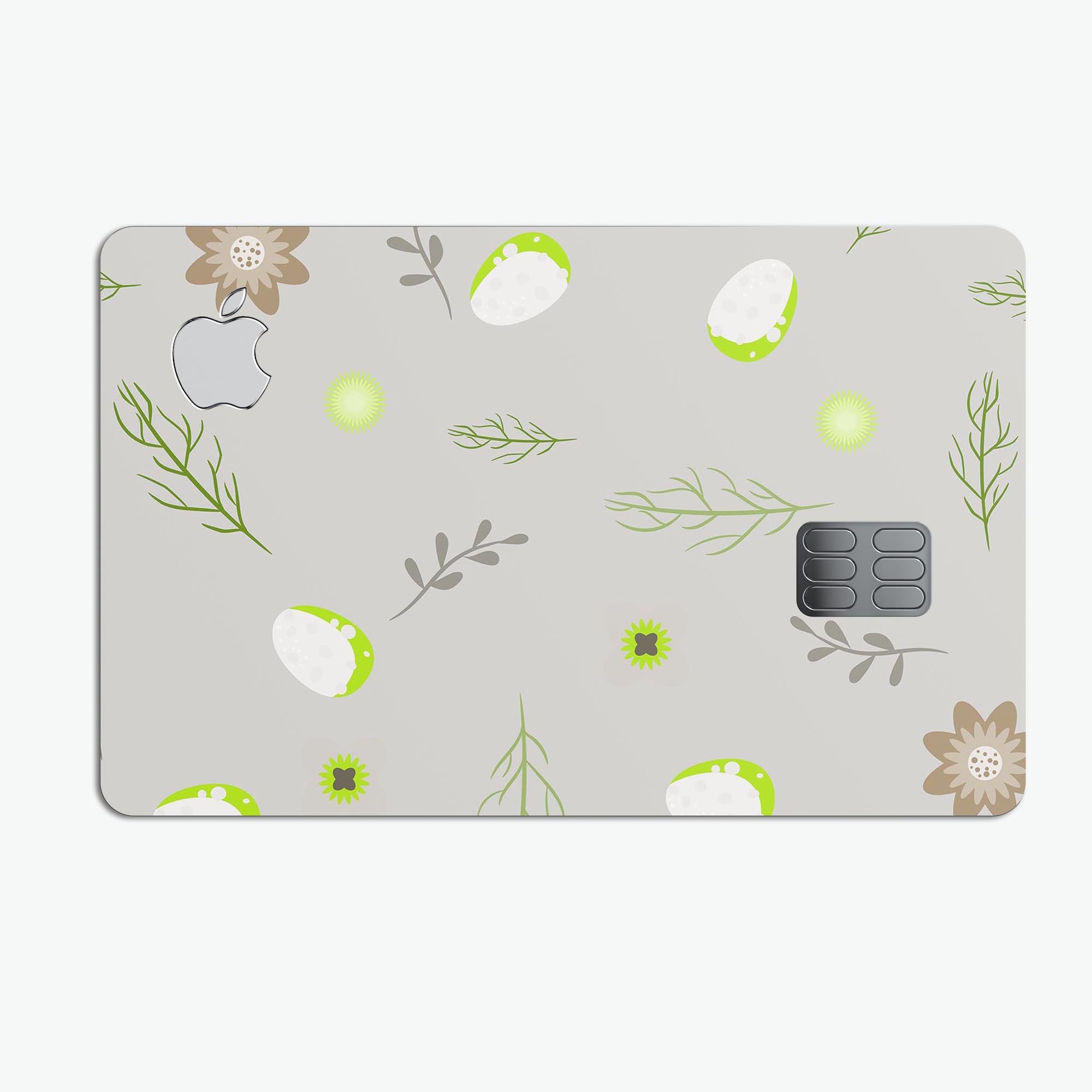 Premium protective decal featuring little gray twigs and lime green eggs designed for Apple Card, showcasing its stylish and durable design.