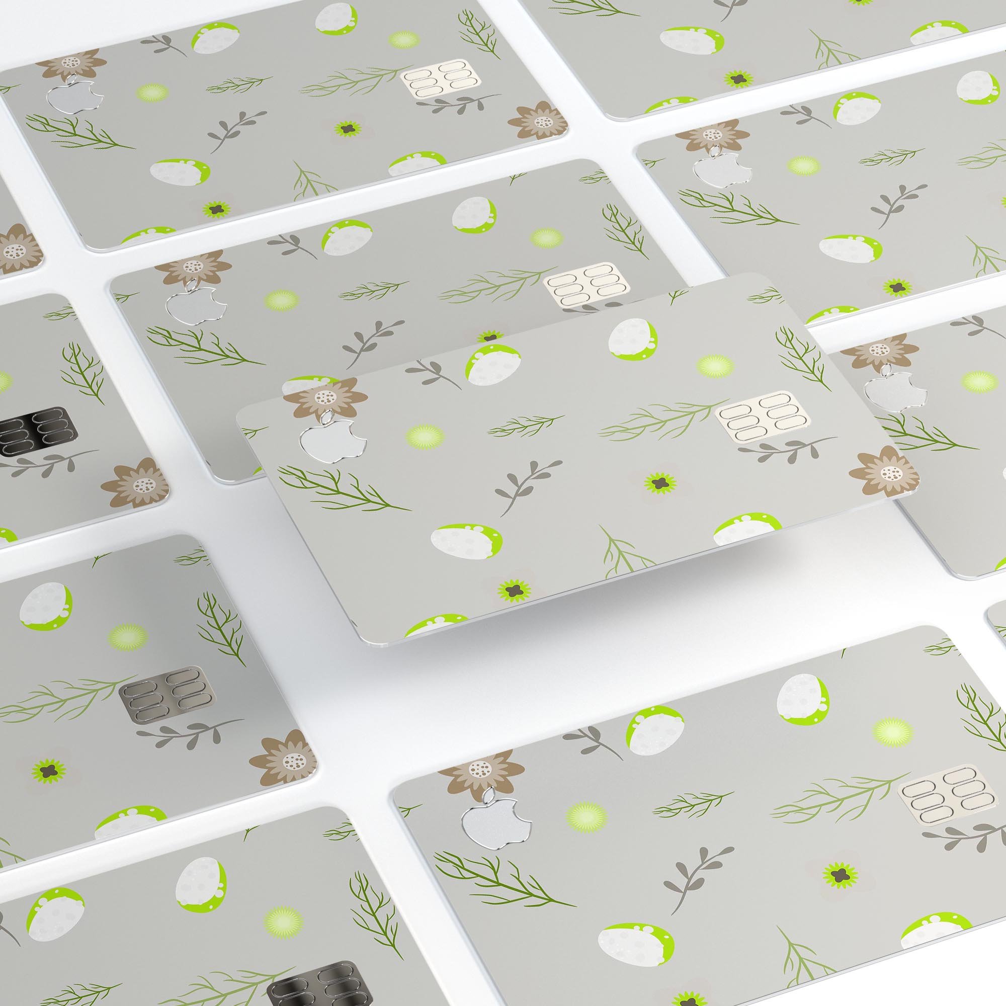 Premium protective decal featuring little gray twigs and lime green eggs designed for Apple Card, showcasing its stylish and durable design.