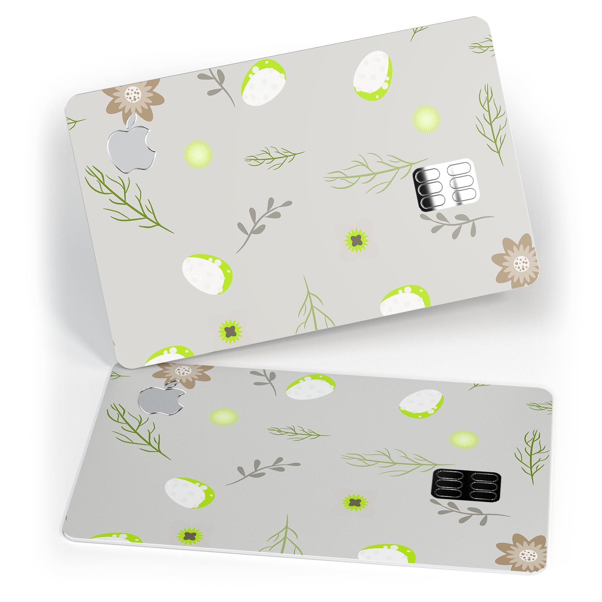 Premium protective decal featuring little gray twigs and lime green eggs designed for Apple Card, showcasing its stylish and durable design.