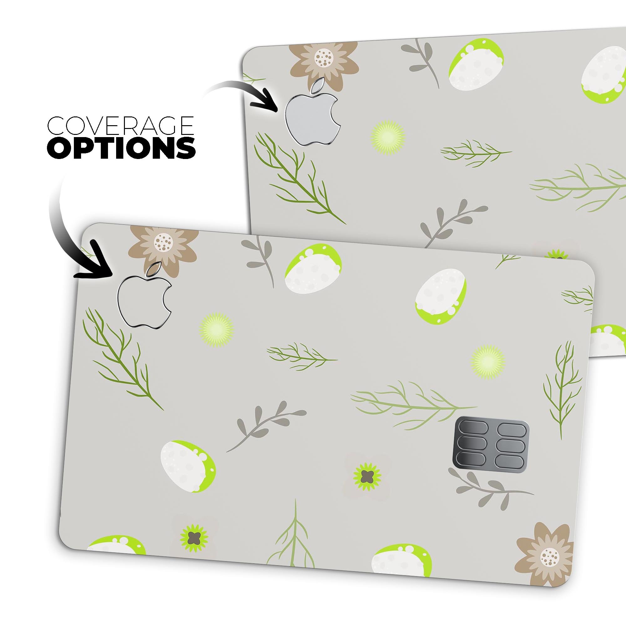 Premium protective decal featuring little gray twigs and lime green eggs designed for Apple Card, showcasing its stylish and durable design.