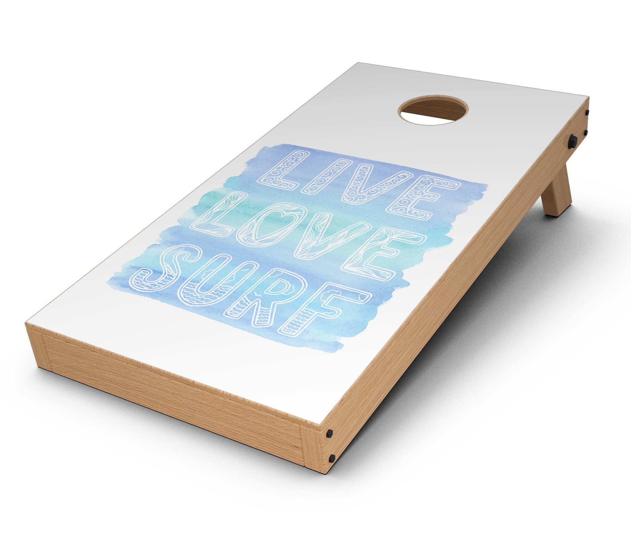 Live Love Surf CornHole Board Skin Decal Kit featuring vibrant design for personalized Cornhole boards.