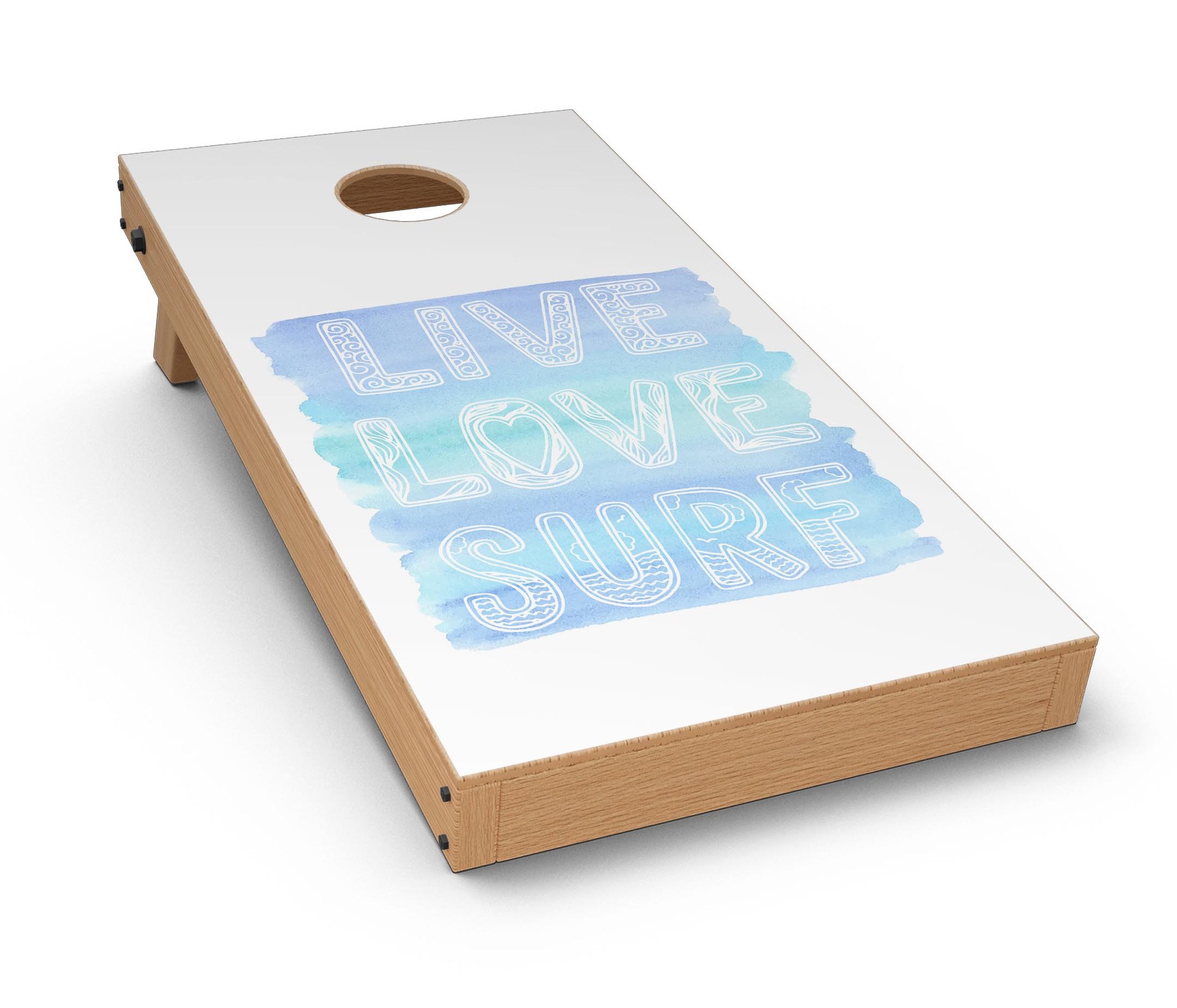 Live Love Surf CornHole Board Skin Decal Kit featuring vibrant design for personalized Cornhole boards.