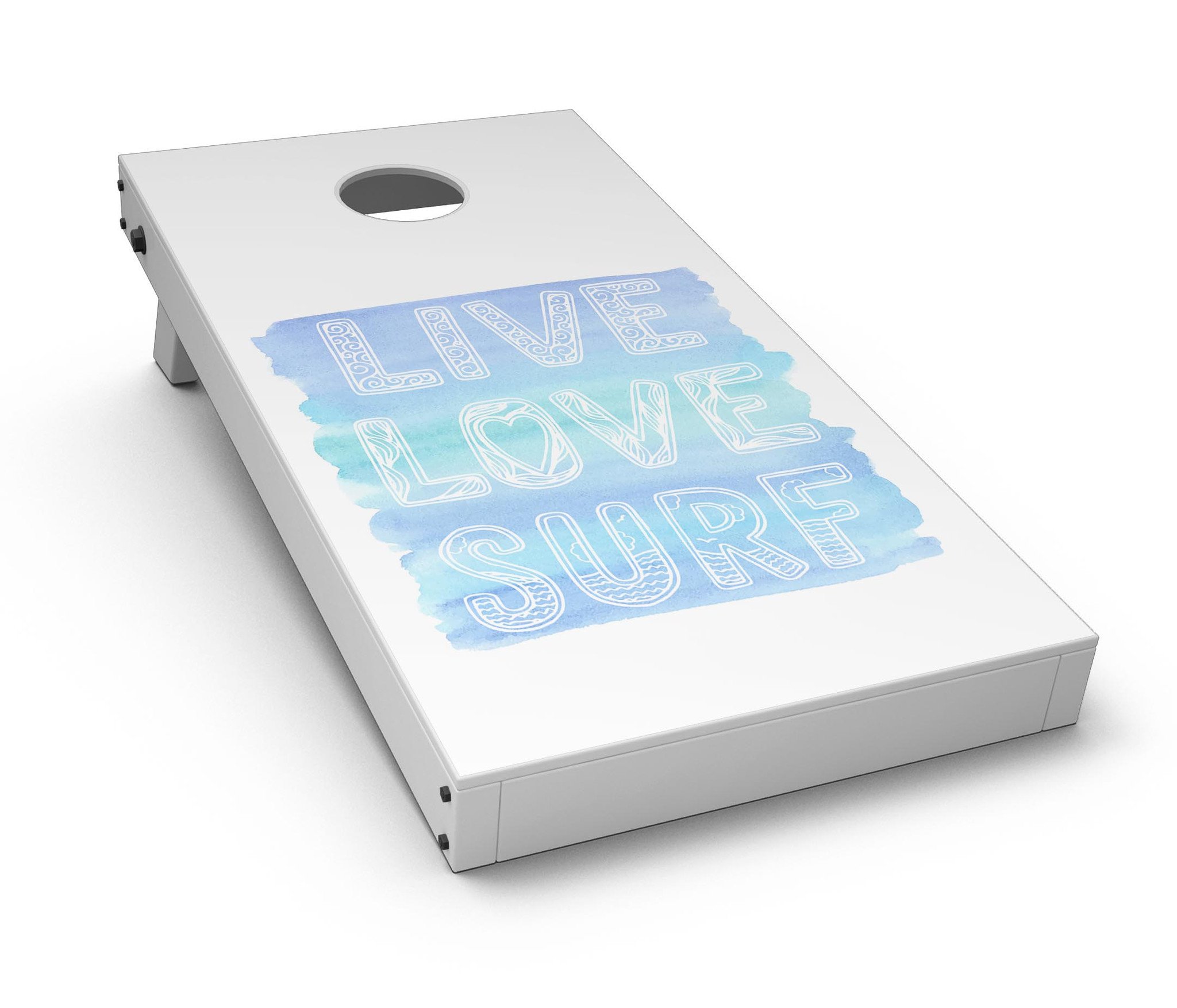 Live Love Surf CornHole Board Skin Decal Kit featuring vibrant design for personalized Cornhole boards.