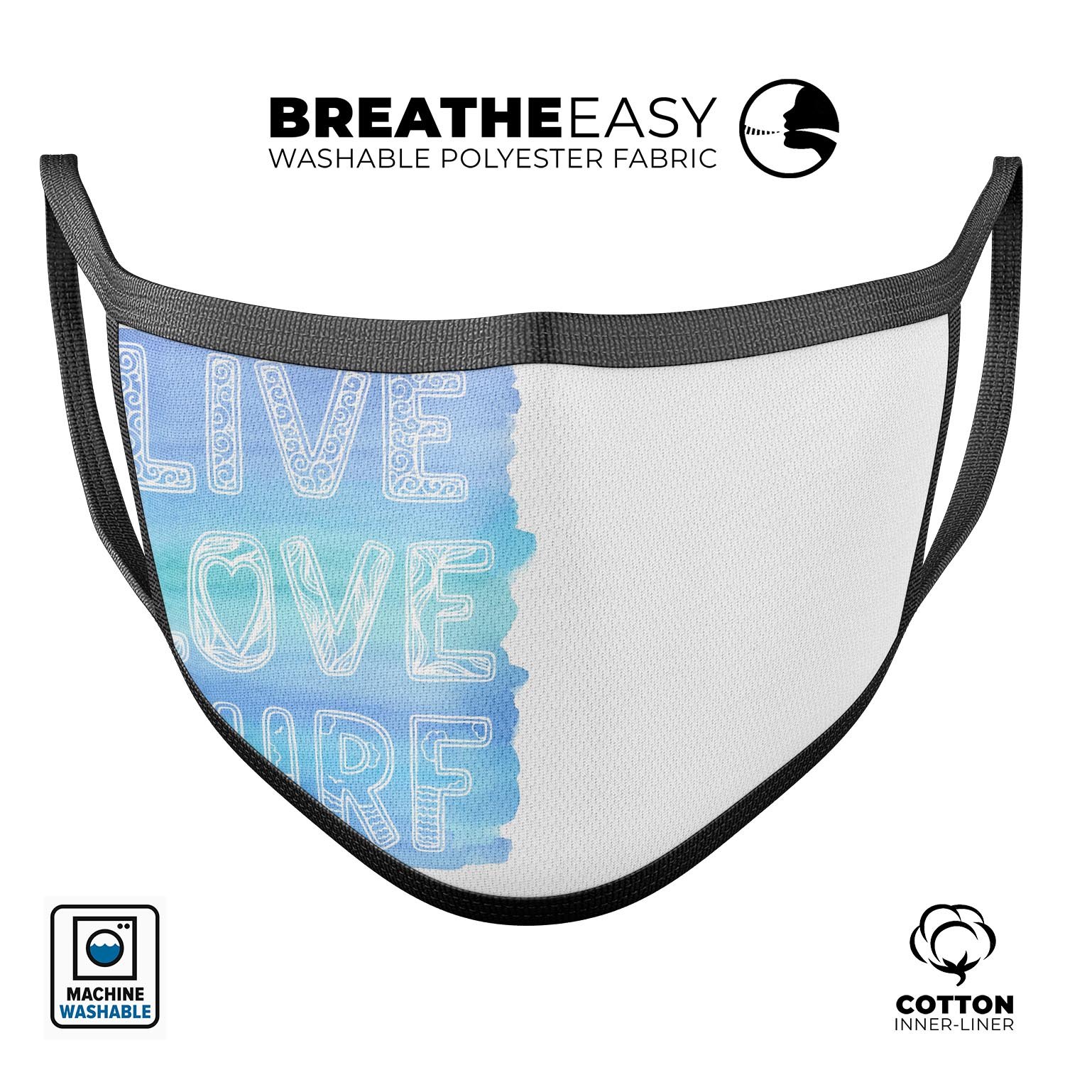 Live Love Surf unisex mouth cover made in USA, featuring a comfortable cotton blend and adjustable ear loops for a perfect fit.