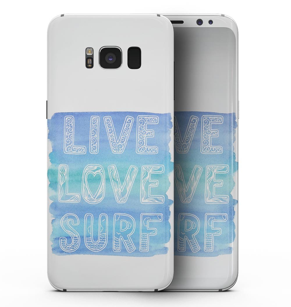 Live Love Surf Full-Body Skin Kit for Samsung Galaxy S8, showcasing vibrant design and premium vinyl material.