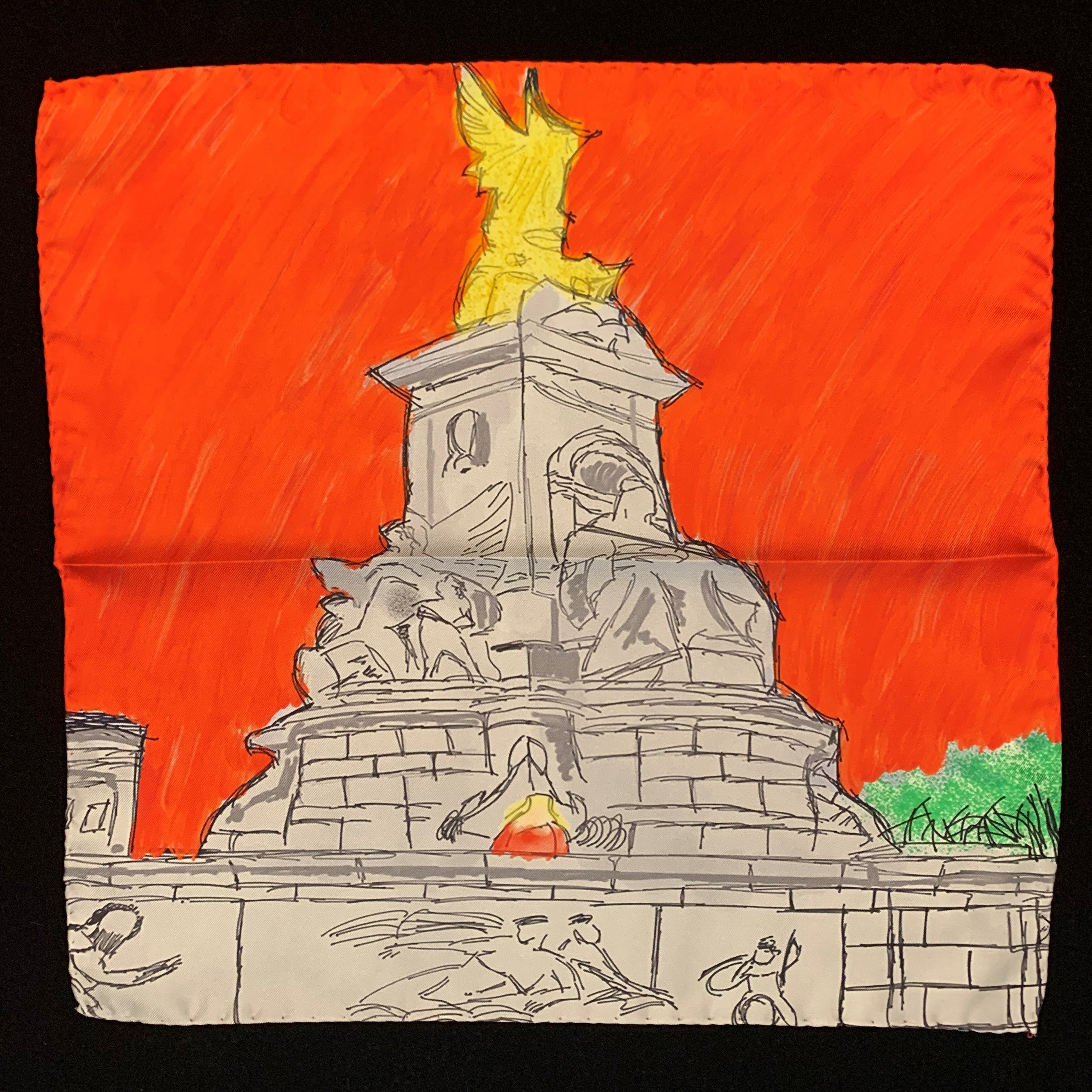 London Queen Victoria Monument Pocket Square featuring hand sketched design in red, marble, and gold on luxurious silk.