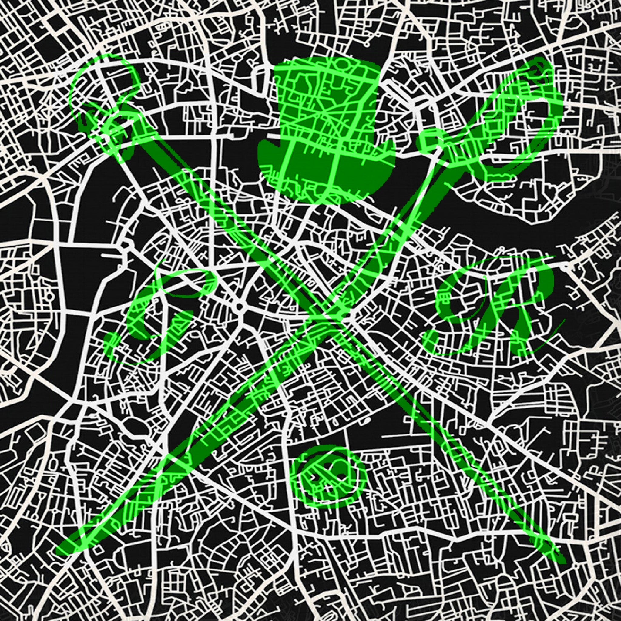 A stylish ladies scarf featuring a bold green London street map design on a black background, adorned with the Gentleman Rogue logo.