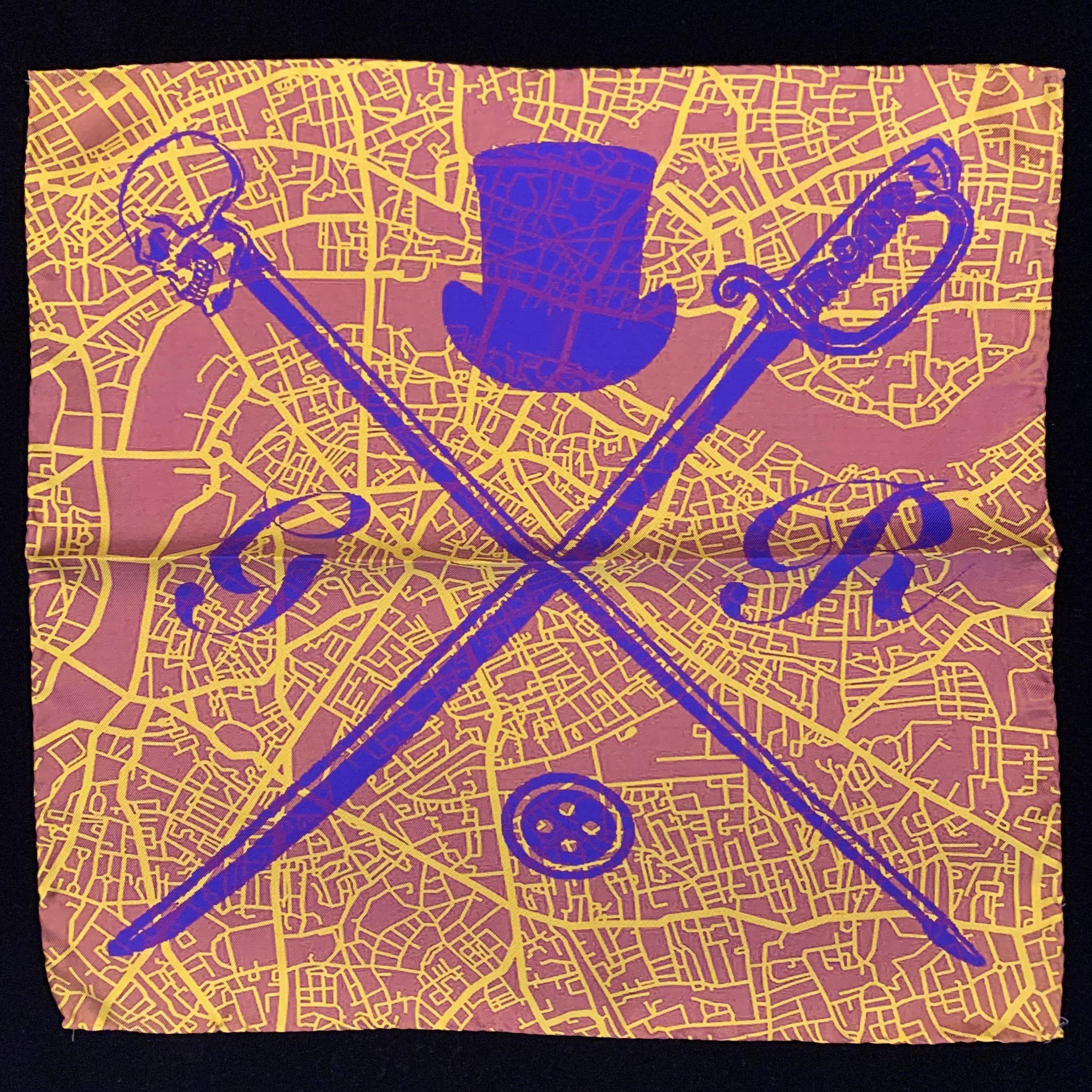 London Street Map Gold Pocket Square made of 100% silk featuring a detailed map design and Gentleman Rogue logo.