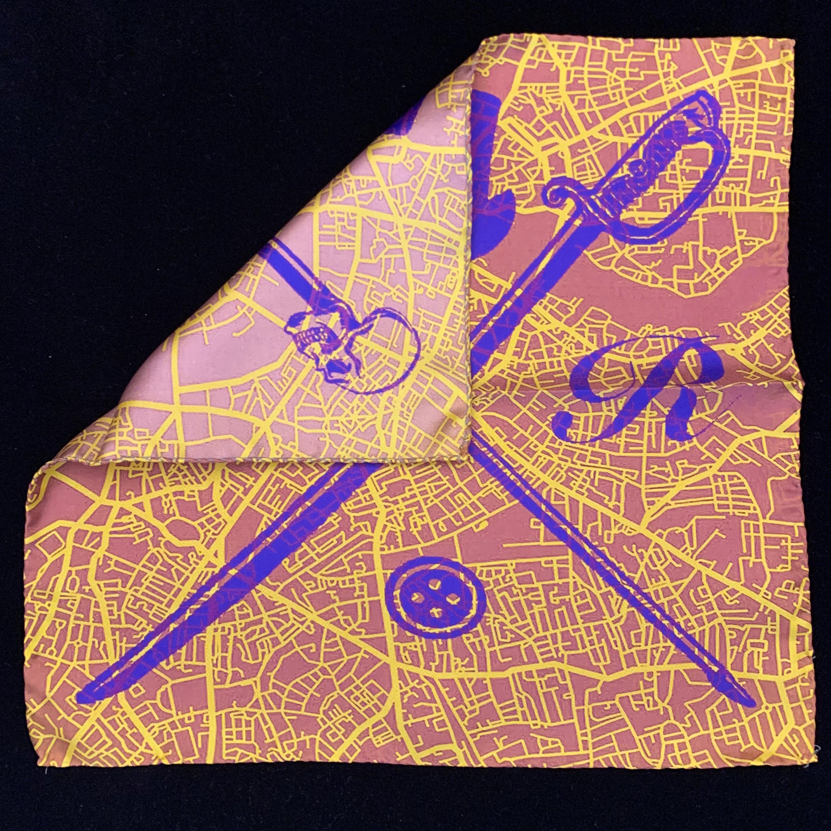 London Street Map Gold Pocket Square made of 100% silk featuring a detailed map design and Gentleman Rogue logo.