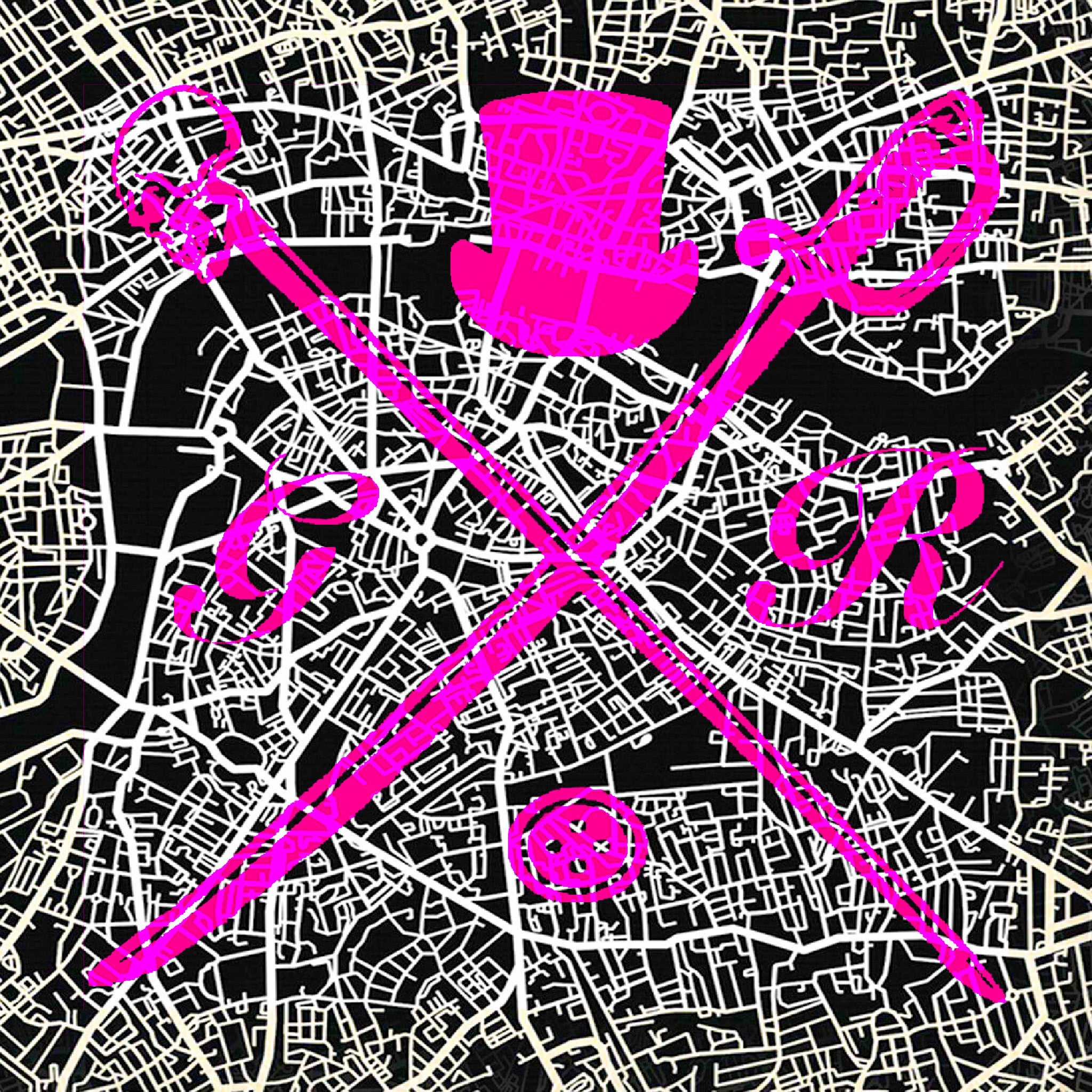 A stylish hot pink ladies scarf featuring a detailed London street map design and the Gentleman Rogue logo.