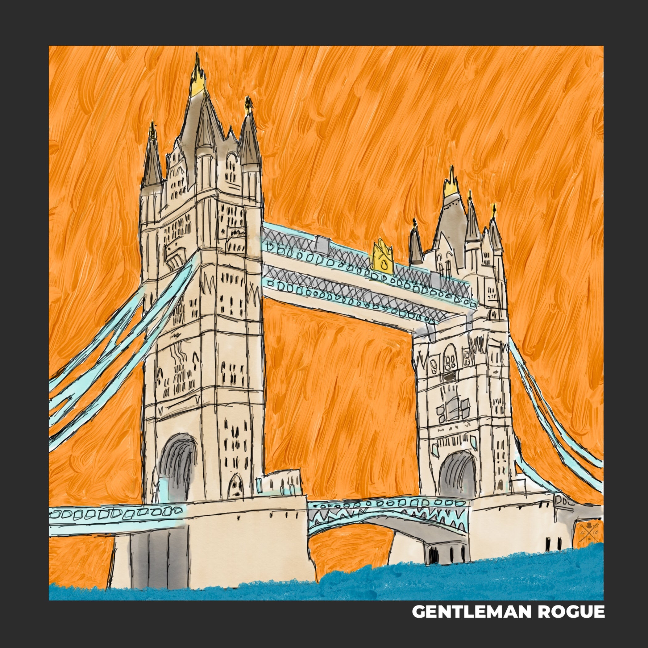 London Tower Bridge Black Pocket Square featuring hand sketched design in burnt orange and sandstone colors on luxurious silk.