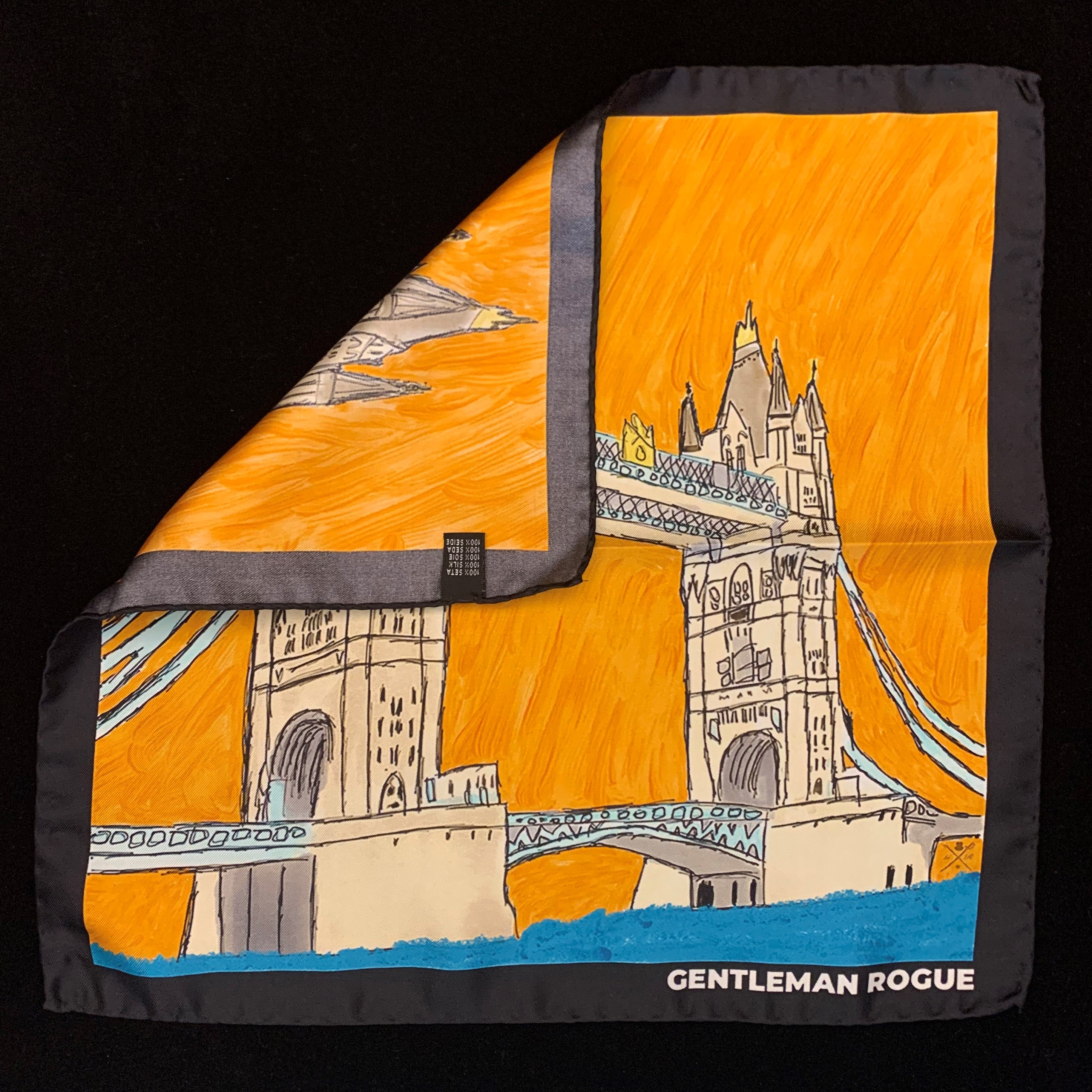 London Tower Bridge Black Pocket Square featuring hand sketched design in burnt orange and sandstone colors on luxurious silk.