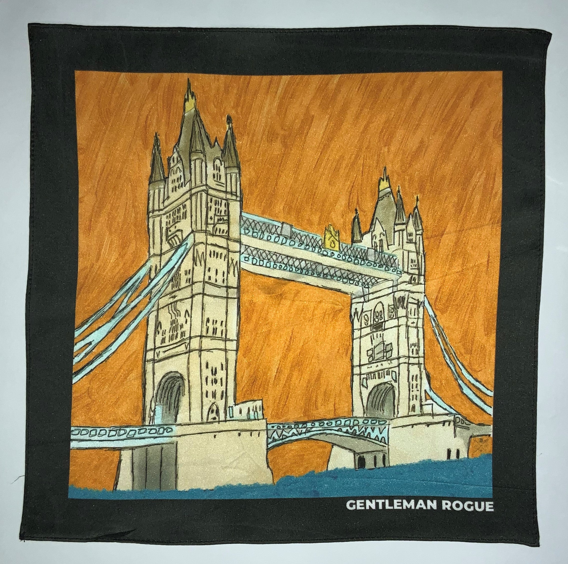 London Tower Bridge Black Pocket Square featuring hand sketched design in burnt orange and sandstone colors on luxurious silk.