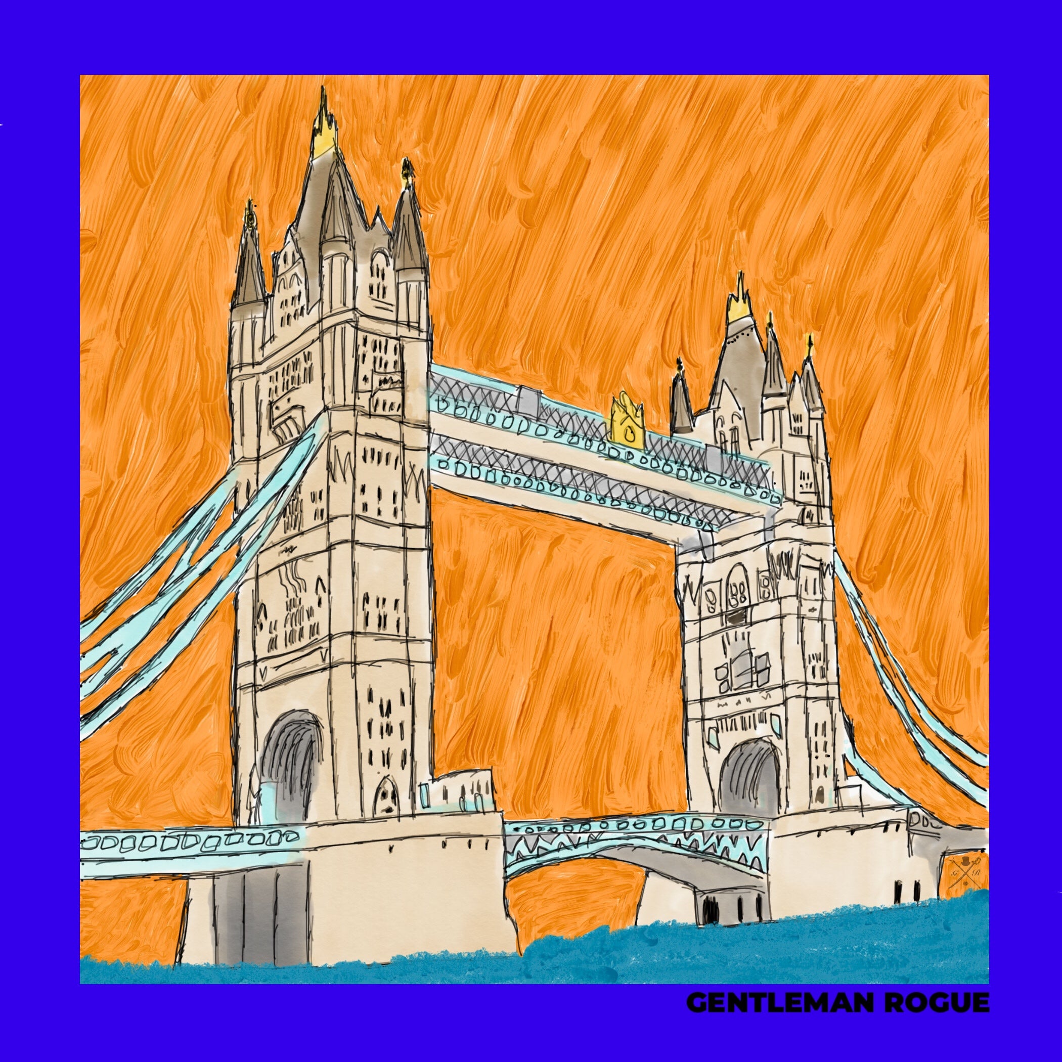 London Tower Bridge Blue Pocket Square featuring hand sketched design in burnt orange and sandstone with a blue border, made from 100% silk.