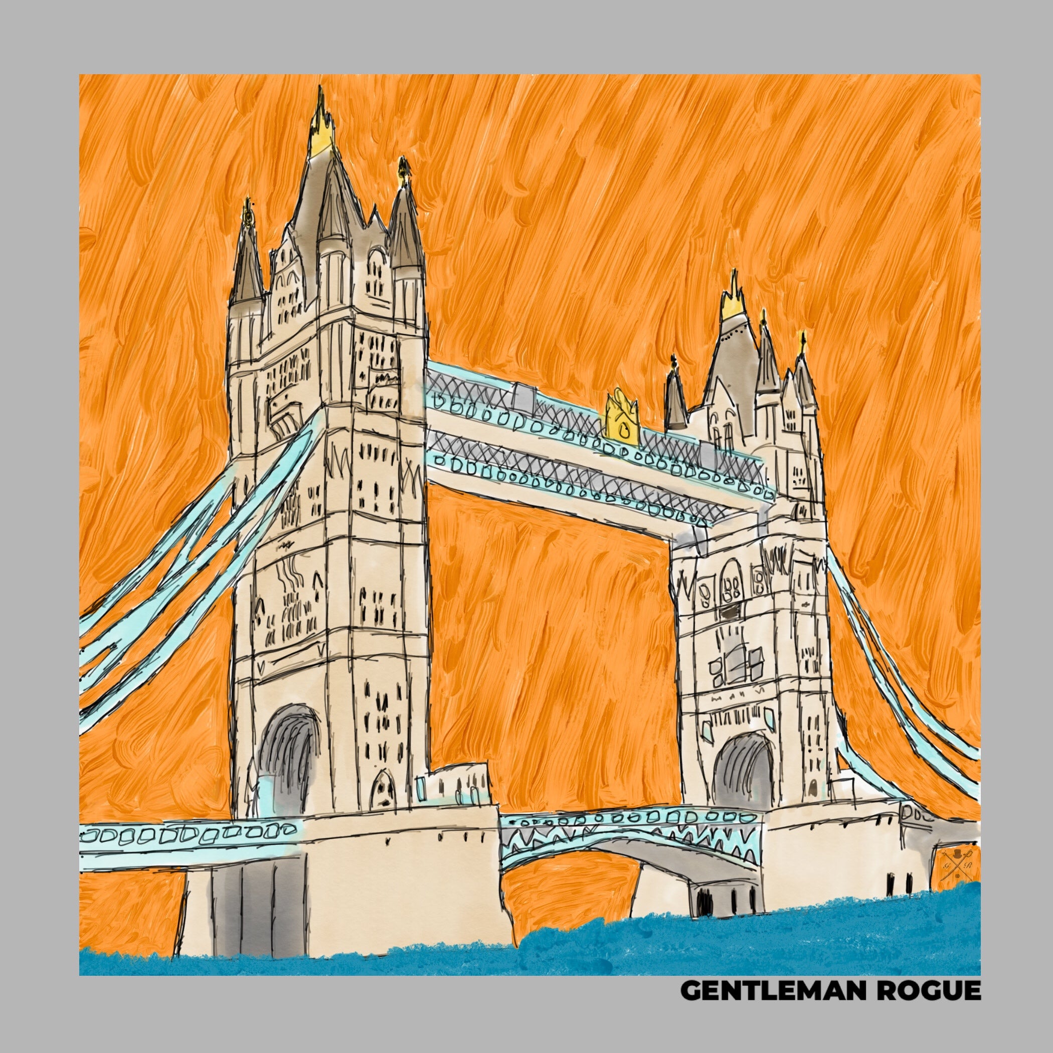 London Tower Bridge Silver Pocket Square featuring hand sketched design in burnt orange and sandstone with a silver border.