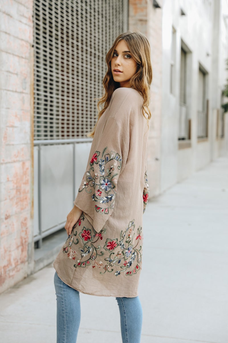 A stylish Long Floral Kimono Cardigan featuring a vibrant floral print, perfect for warm weather outings.