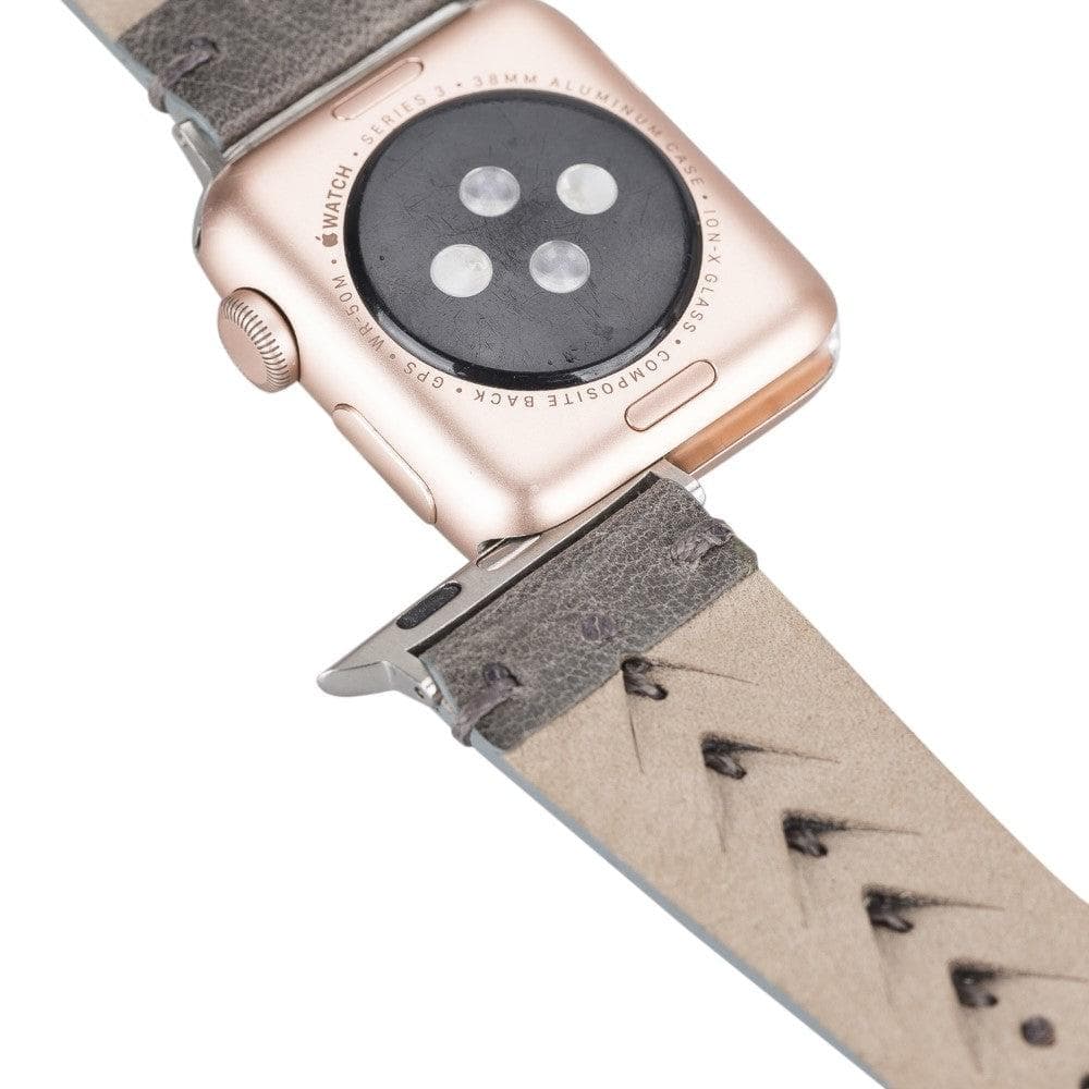 Longleat Apple Watch Leather Strap in premium full-grain leather with stainless steel buckle, showcasing personalization options.