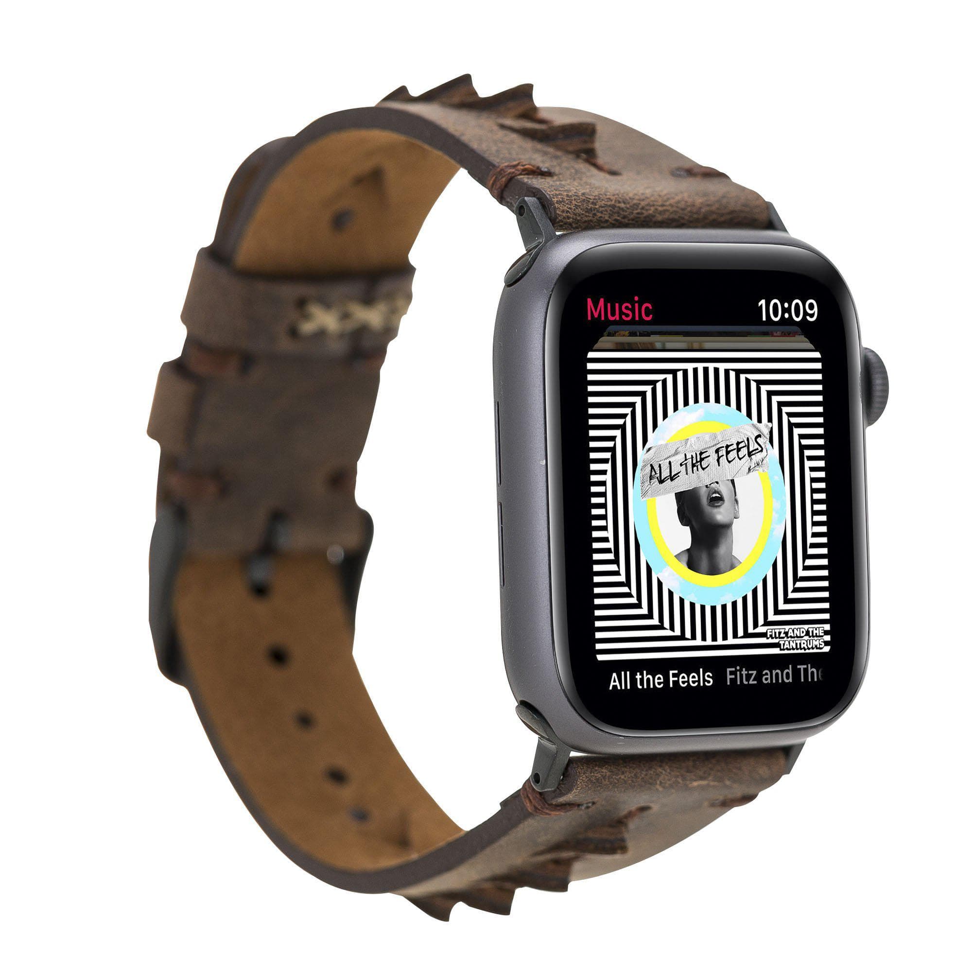 Longleat Apple Watch Leather Strap in premium full-grain leather with stainless steel buckle, showcasing personalization options.